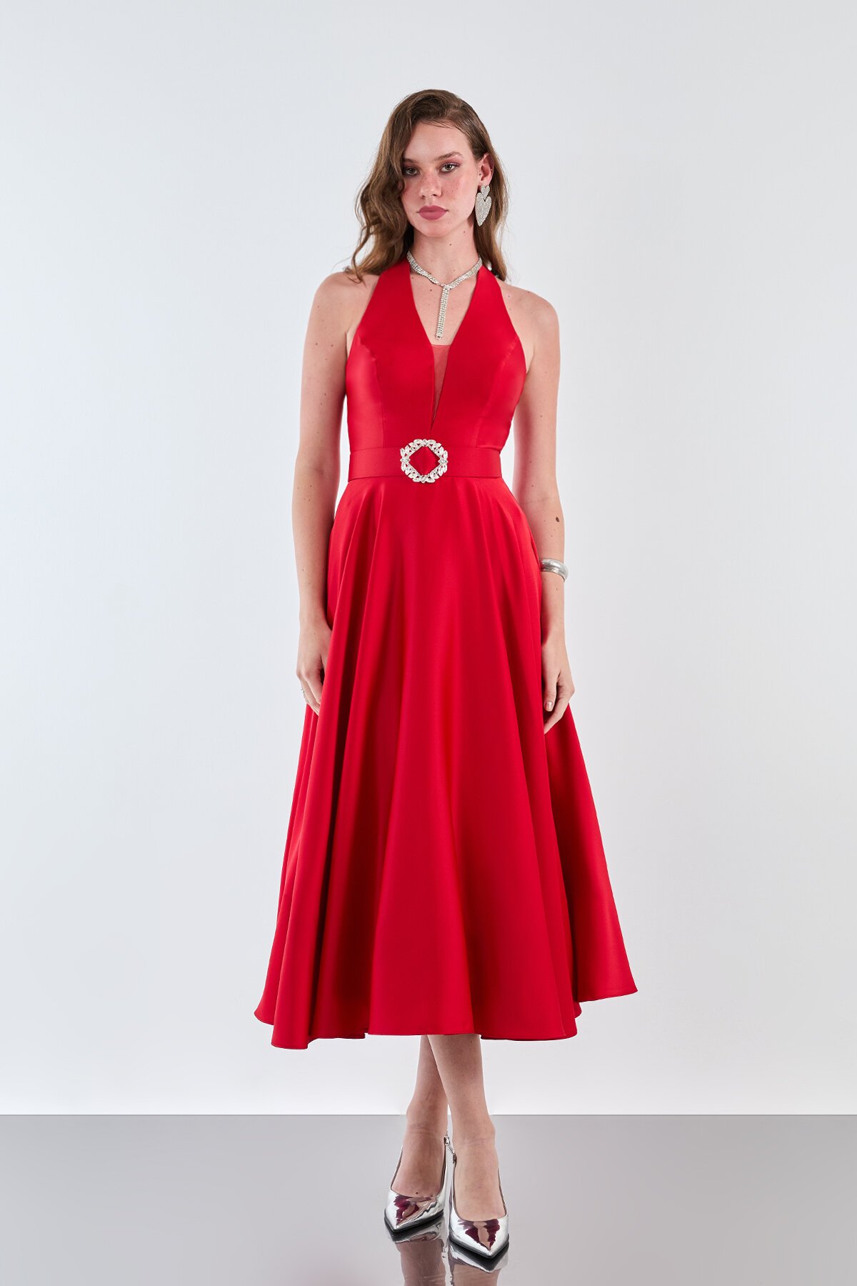 Taşlı Kemer Detaylı Halter Yaka Midi Elbise - 1970