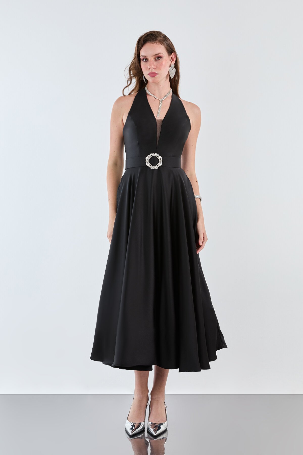 Taşlı Kemer Detaylı Halter Yaka Midi Elbise - 1970