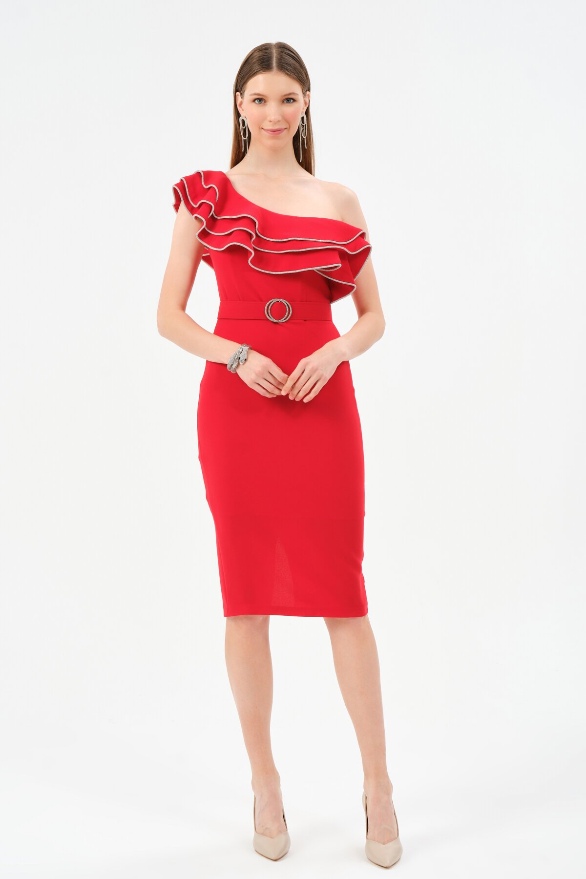 Tek Omuzlu Fırfırlı Midi Elbise - 1552