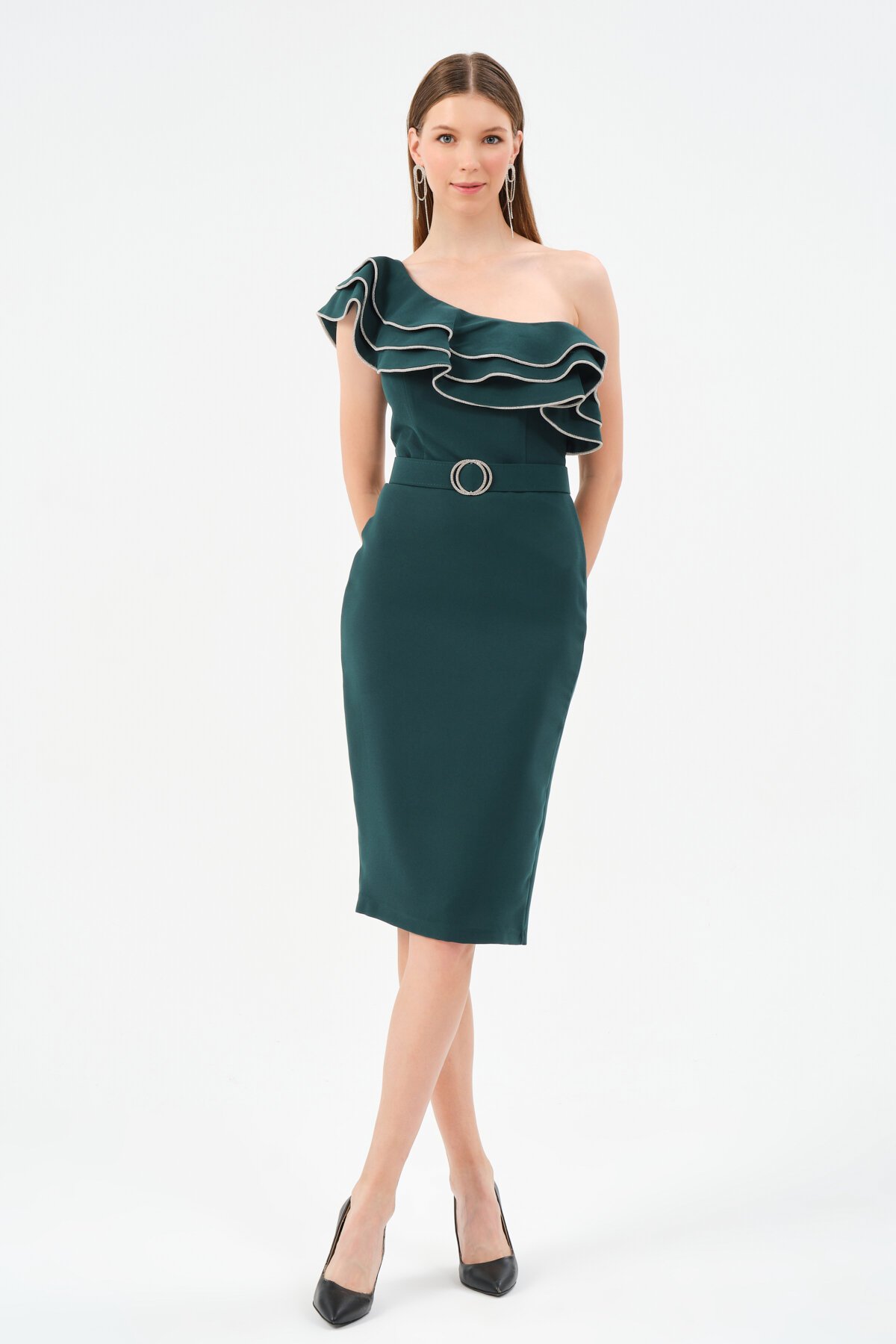 Tek Omuzlu Fırfırlı Midi Elbise - 1552