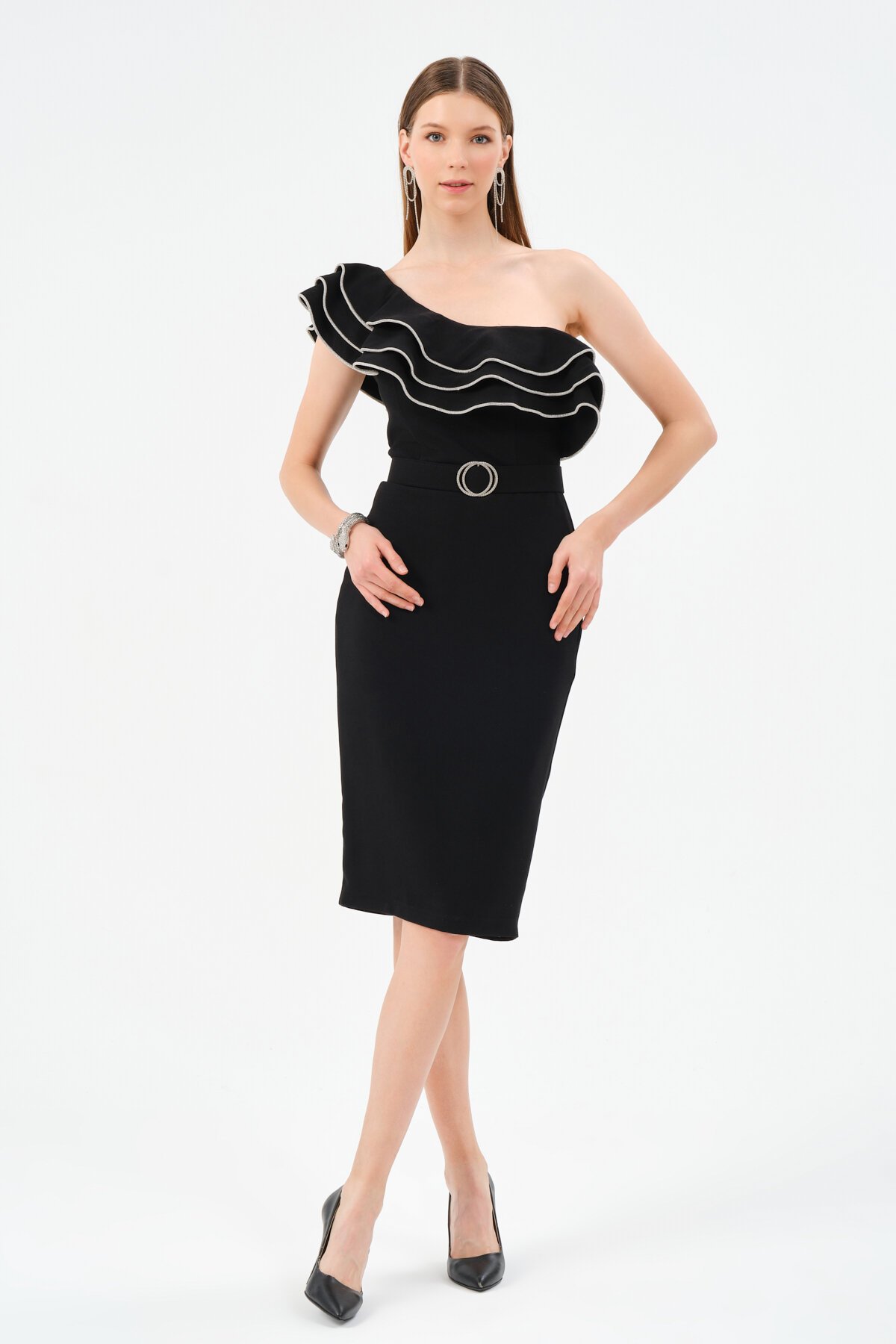 Tek Omuzlu Fırfırlı Midi Elbise - 1552