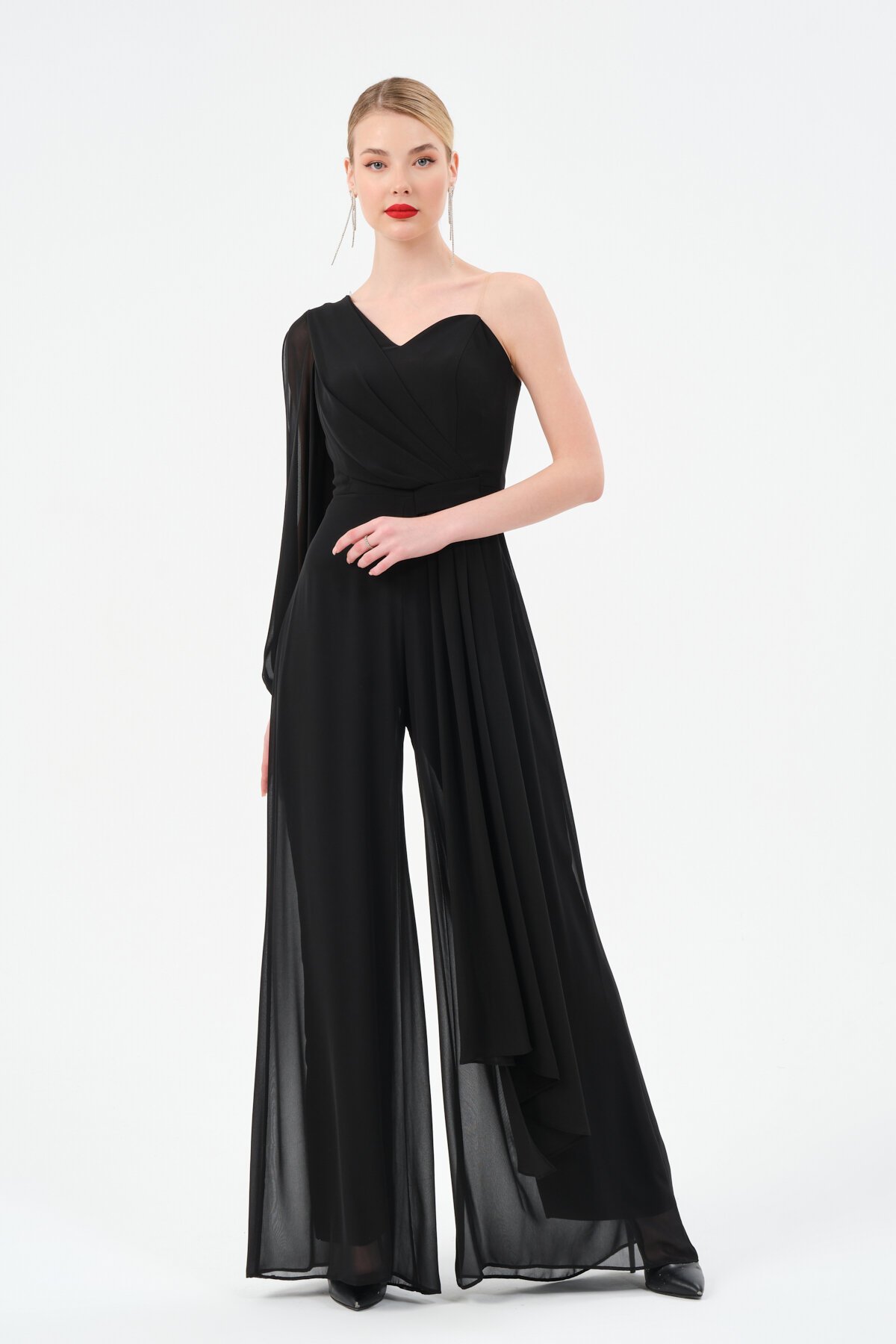 Tek Omuzlu Şifon Detaylı Tulum - 1336