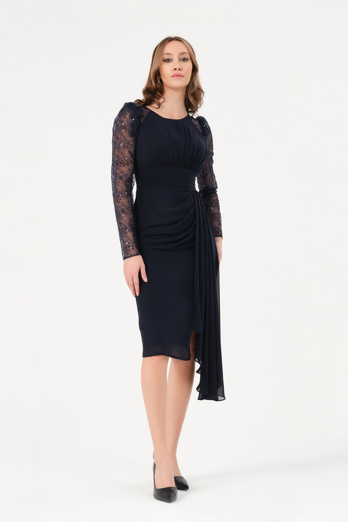 Tül Detaylı Drapeli Midi Elbise - 1501