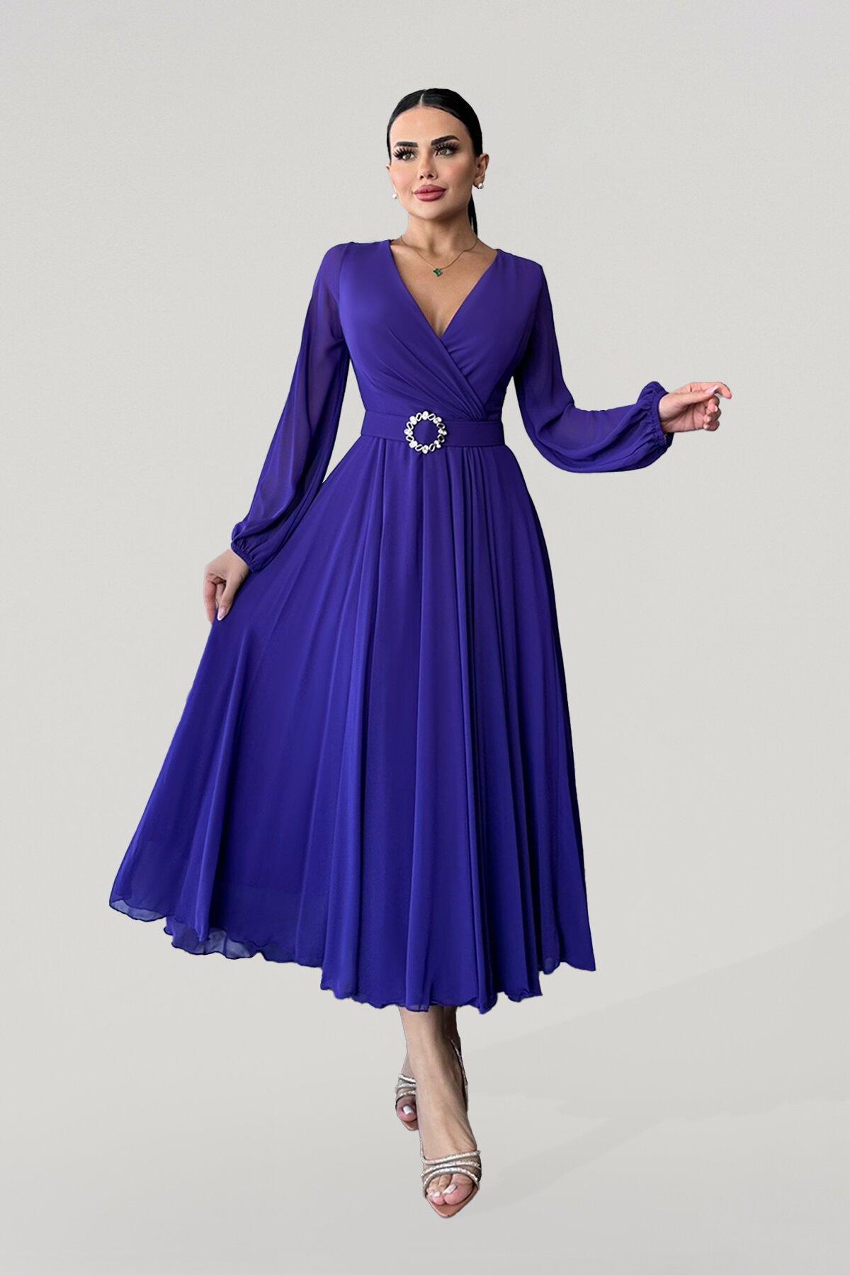 Uzun Kollu Kruvaze Yaka Şifon Elbise - 1641