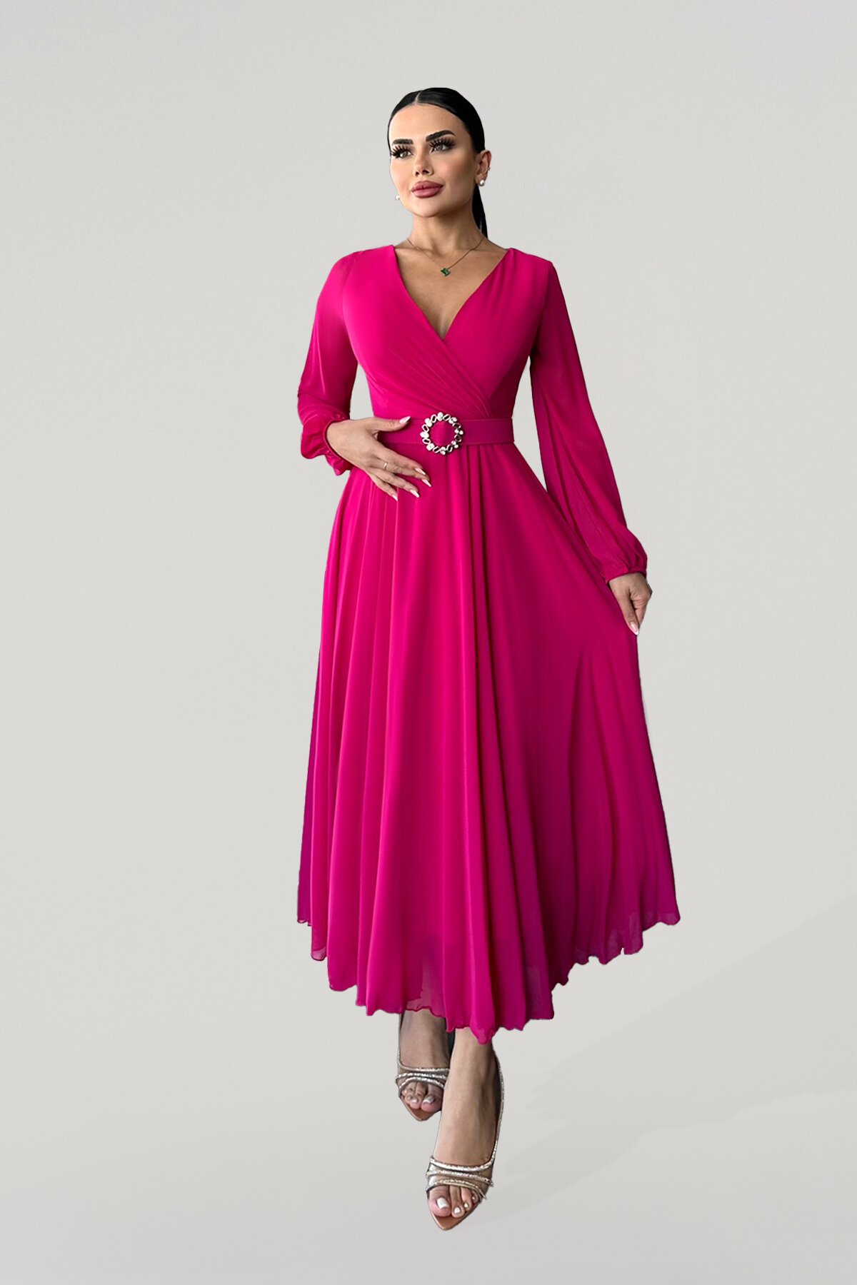 Uzun Kollu Kruvaze Yaka Şifon Elbise - 1641