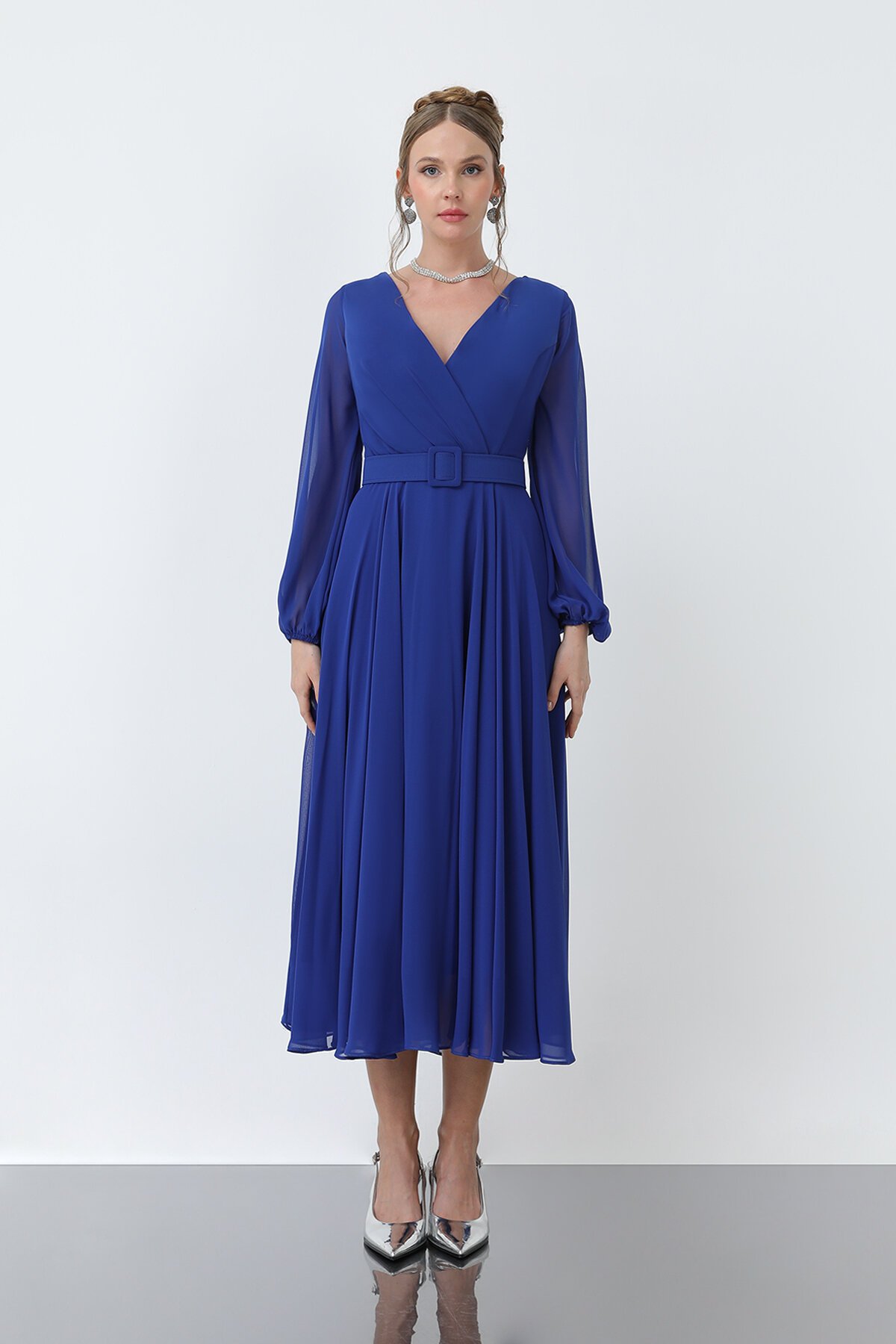 Uzun Kollu Kruvaze Yaka Şifon Elbise - 1641