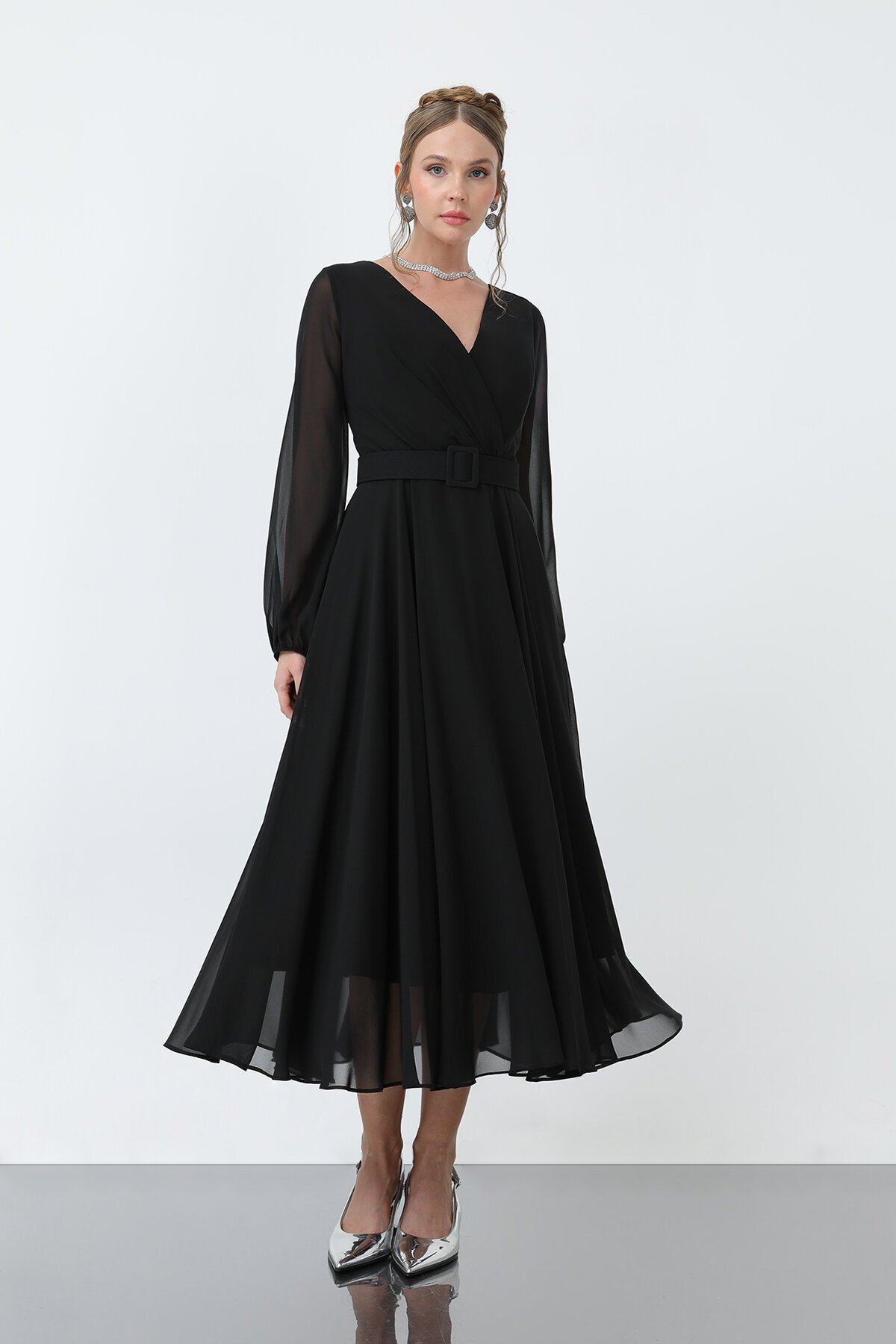 Uzun Kollu Kruvaze Yaka Şifon Elbise - 1641