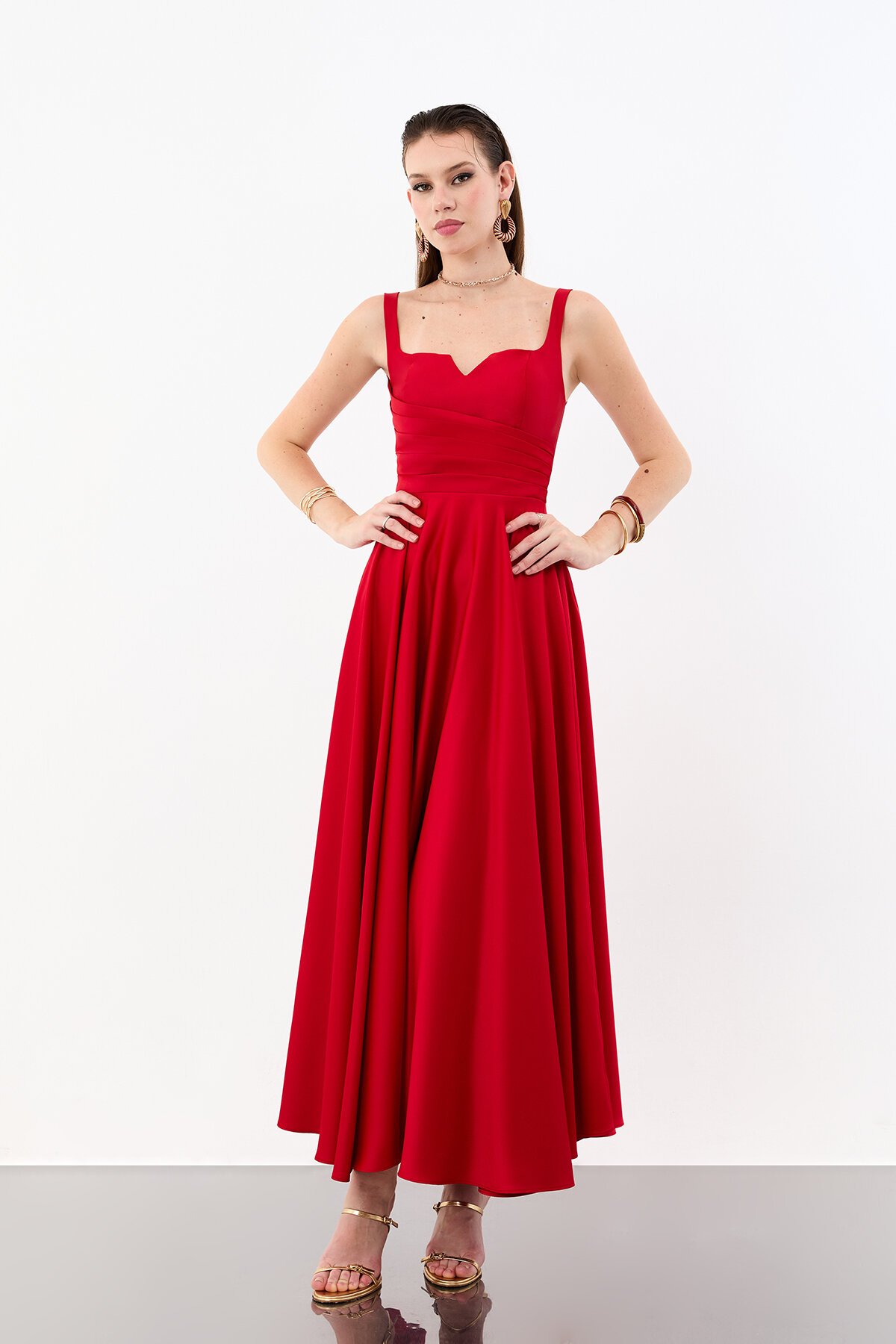 V Yaka Drapeli Yüksek Bel Midi Elbise - 1952