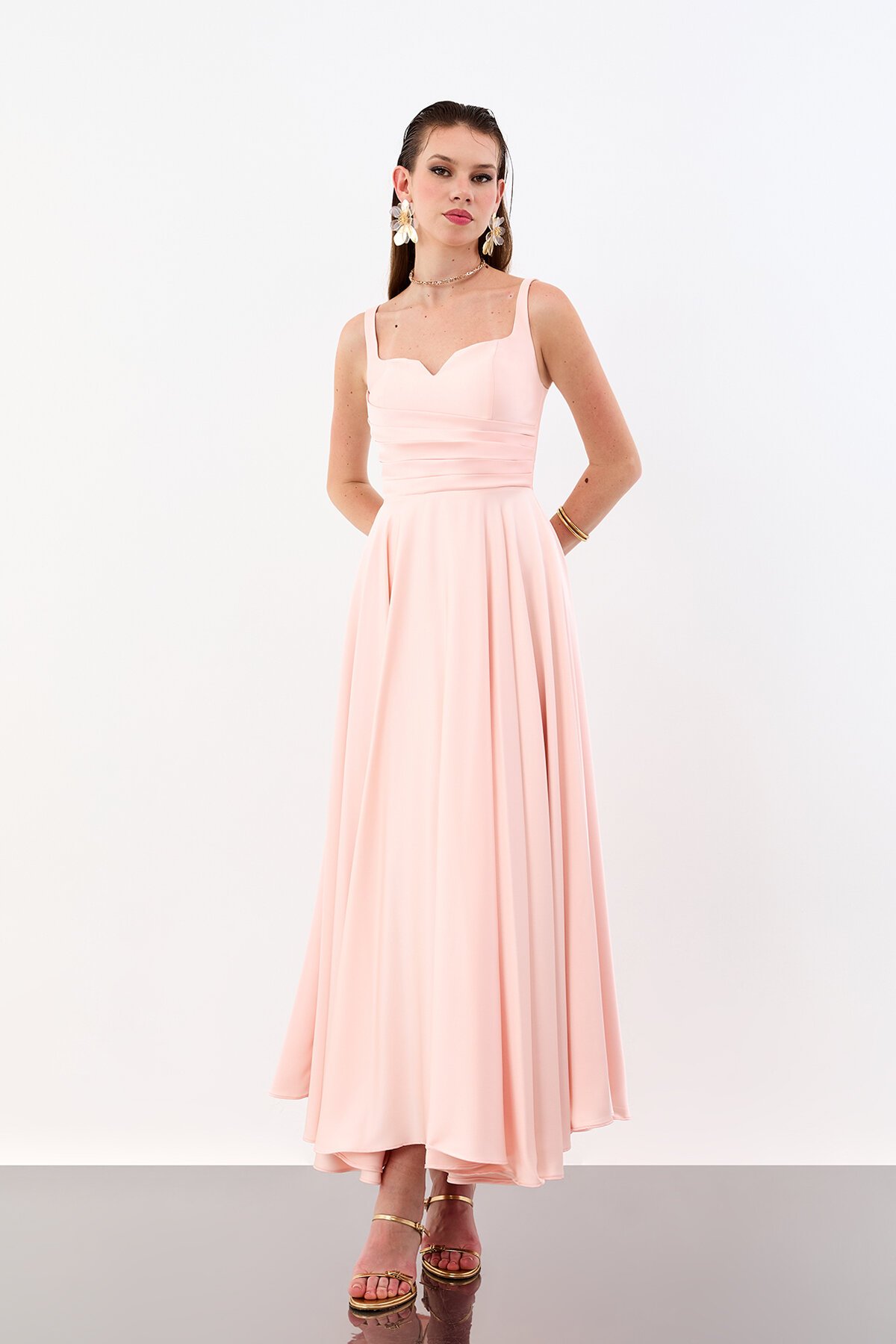 V Yaka Drapeli Yüksek Bel Midi Elbise - 1952