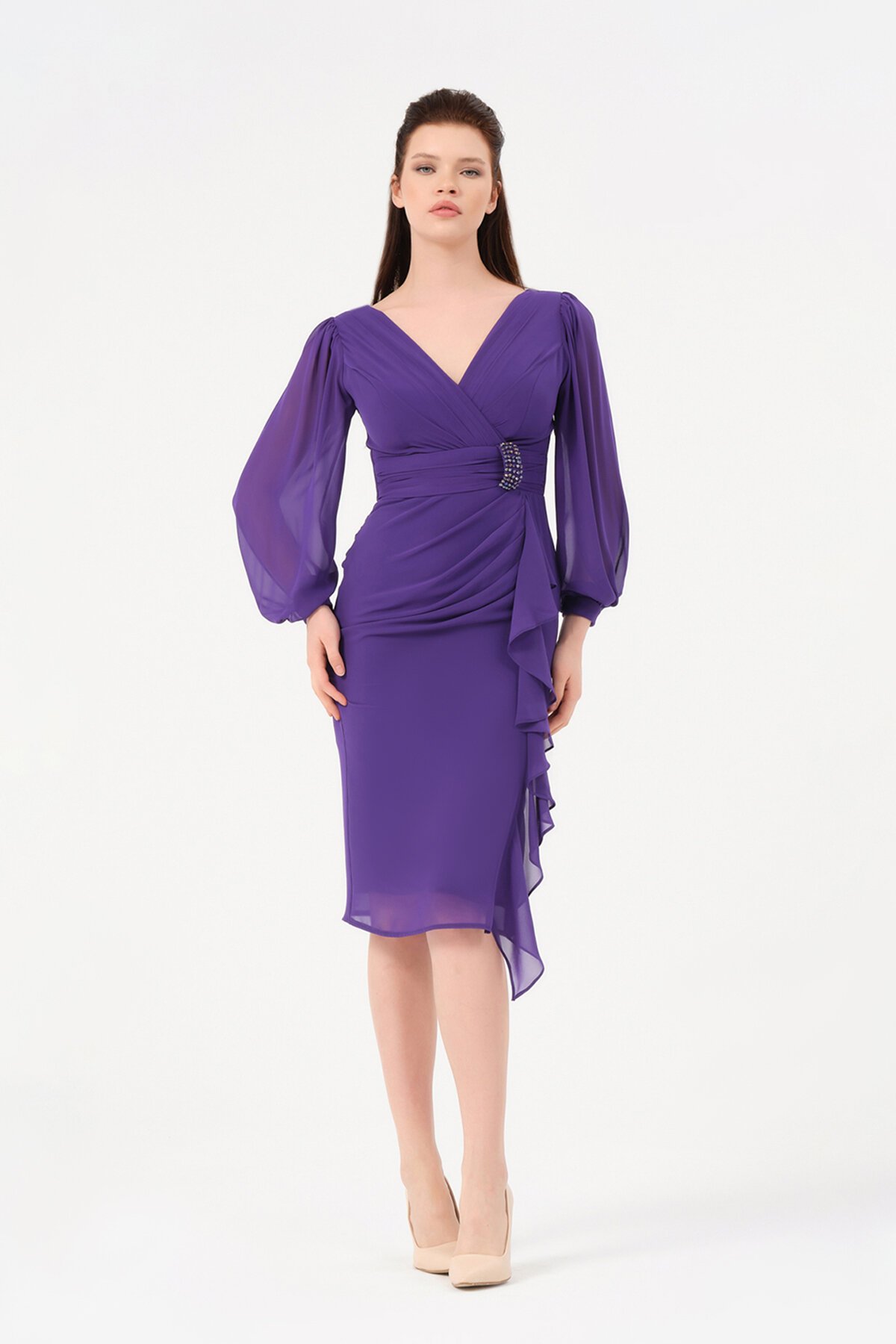 Volan Detaylı Kruvaze Yaka Midi Elbise - 1618