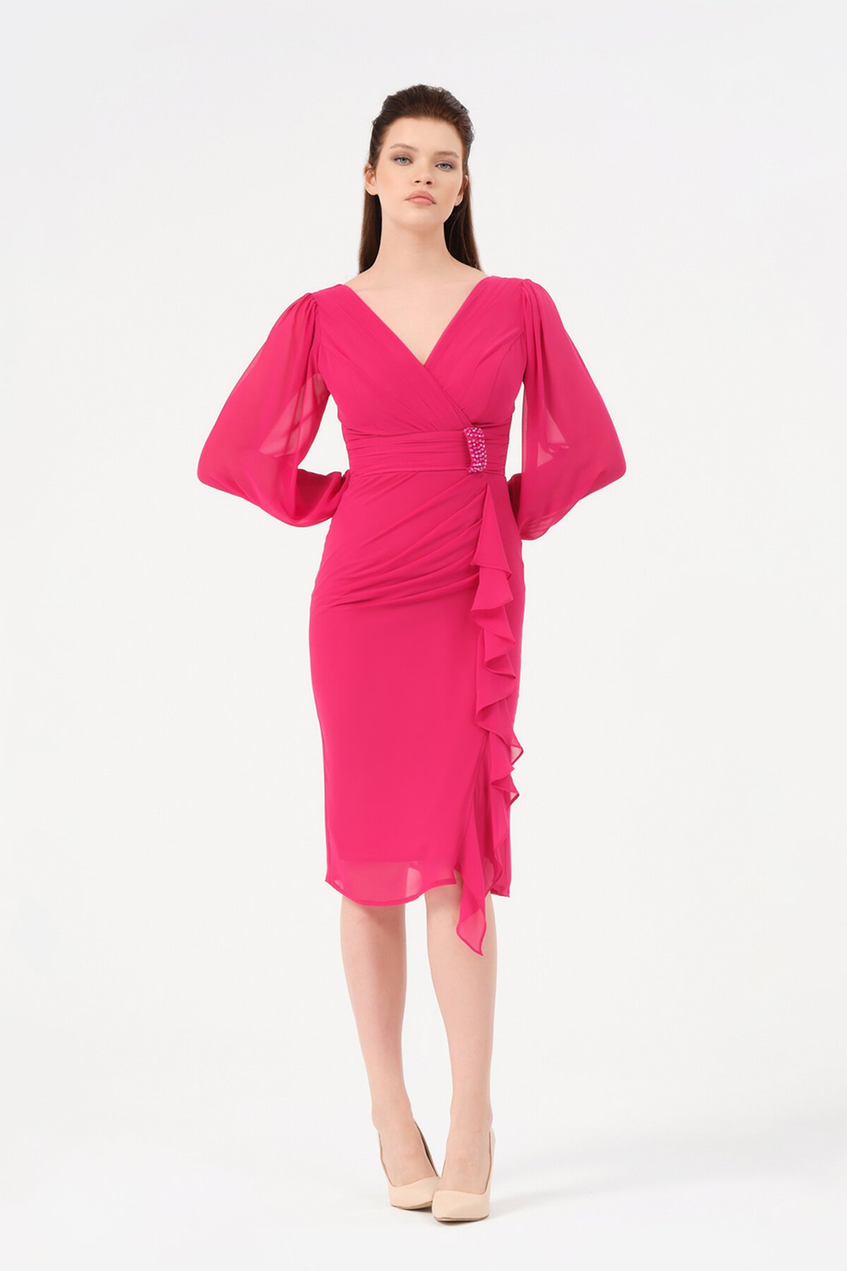 Volan Detaylı Kruvaze Yaka Midi Elbise - 1618