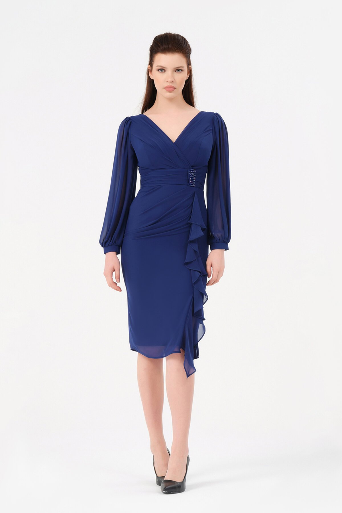 Volan Detaylı Kruvaze Yaka Midi Elbise - 1618