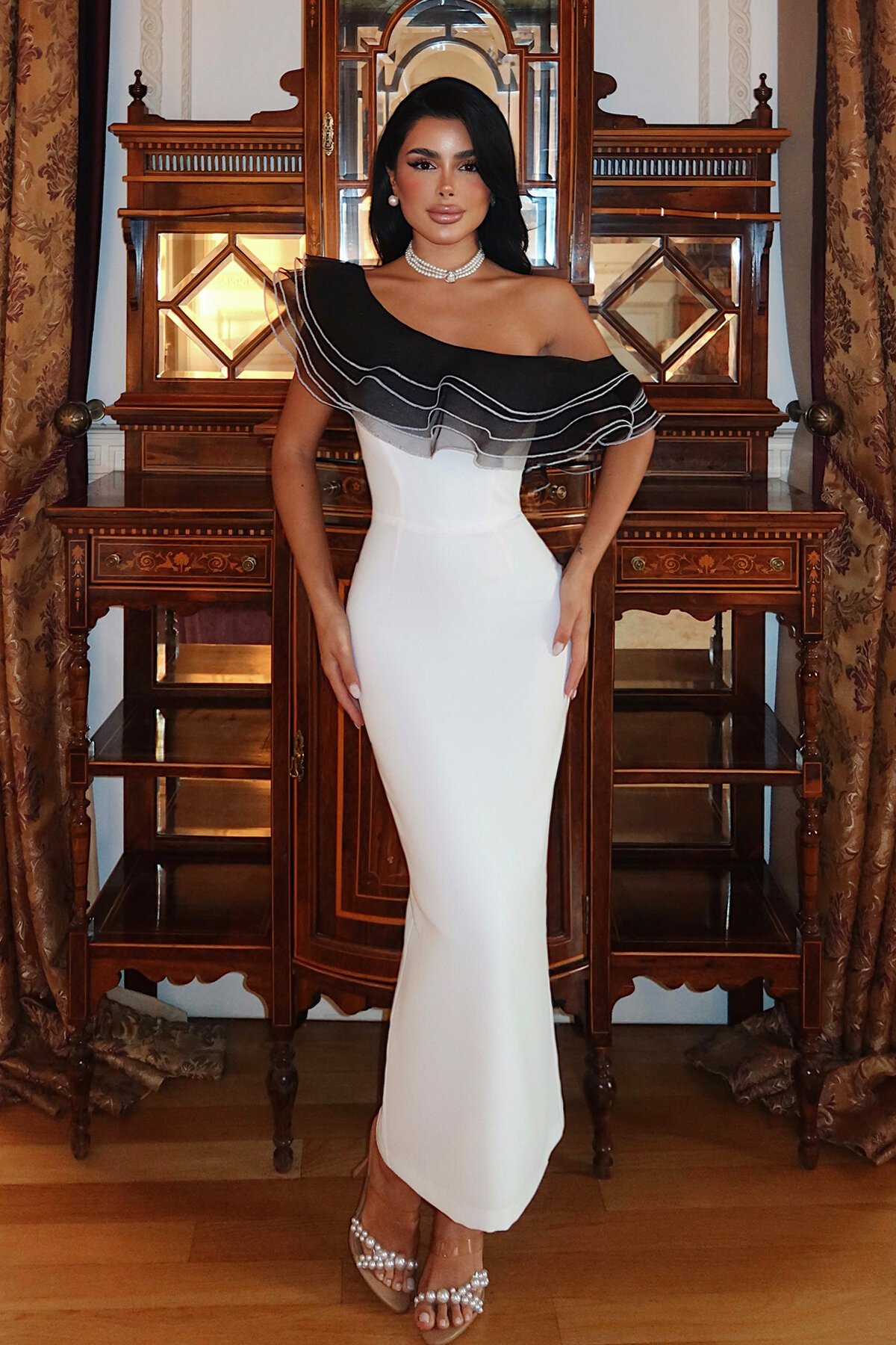 Volan Detaylı Tek Omuz Midi Elbise - 1804