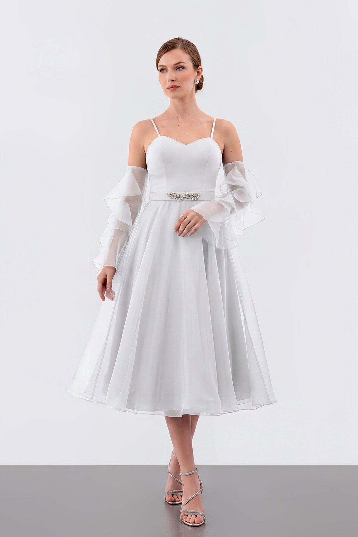 Volan Kollu İp Askılı Midi Elbise - 1993