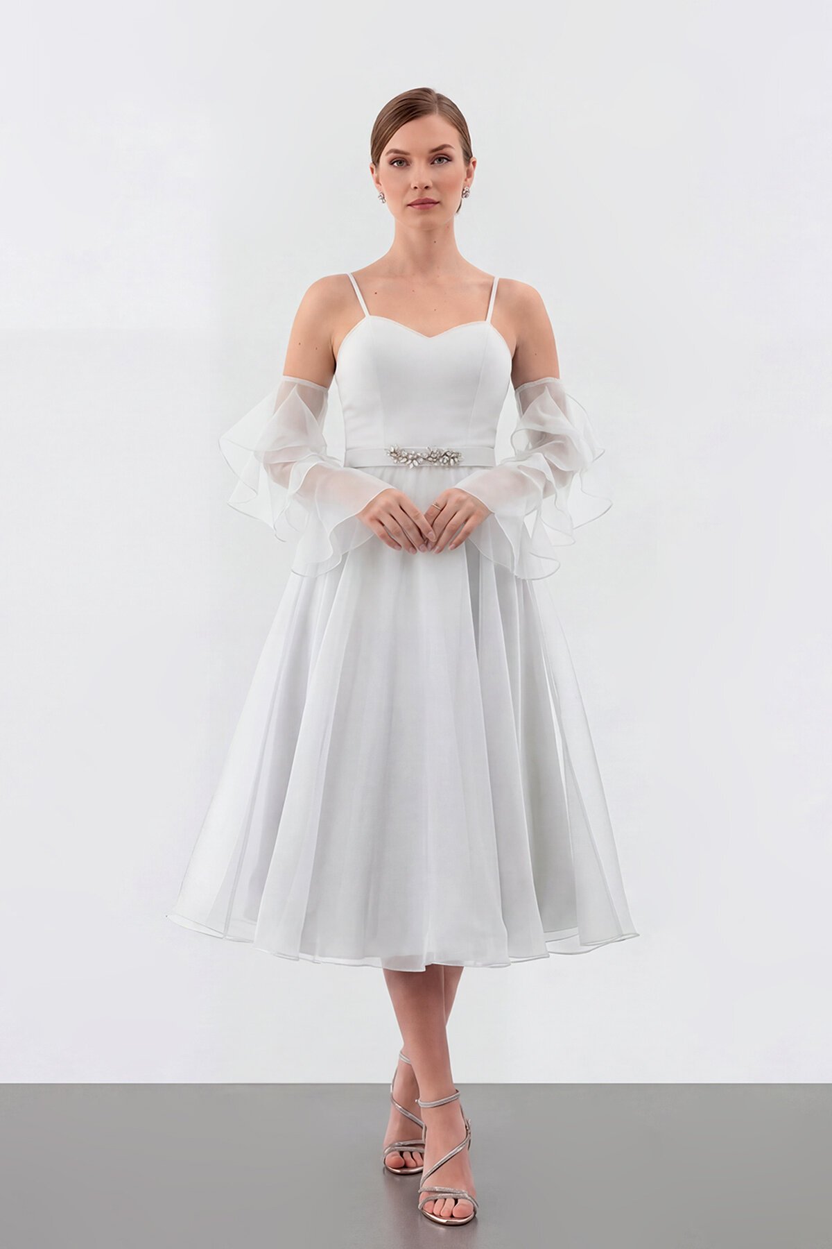 Volan Kollu İp Askılı Midi Elbise - 1993