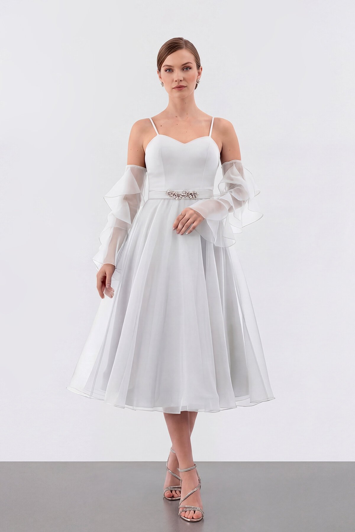 Volan Kollu İp Askılı Midi Elbise - 1993