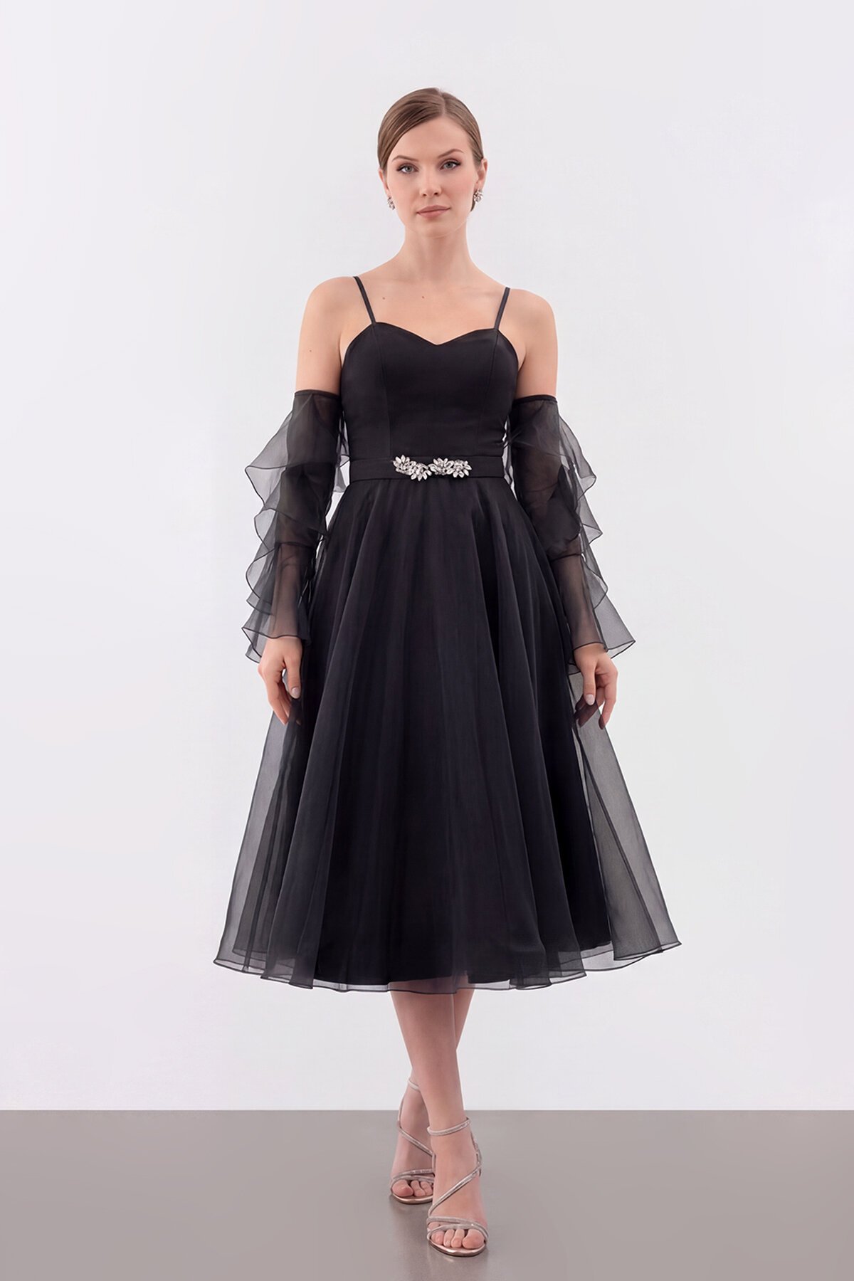 Volan Kollu İp Askılı Midi Elbise - 1993