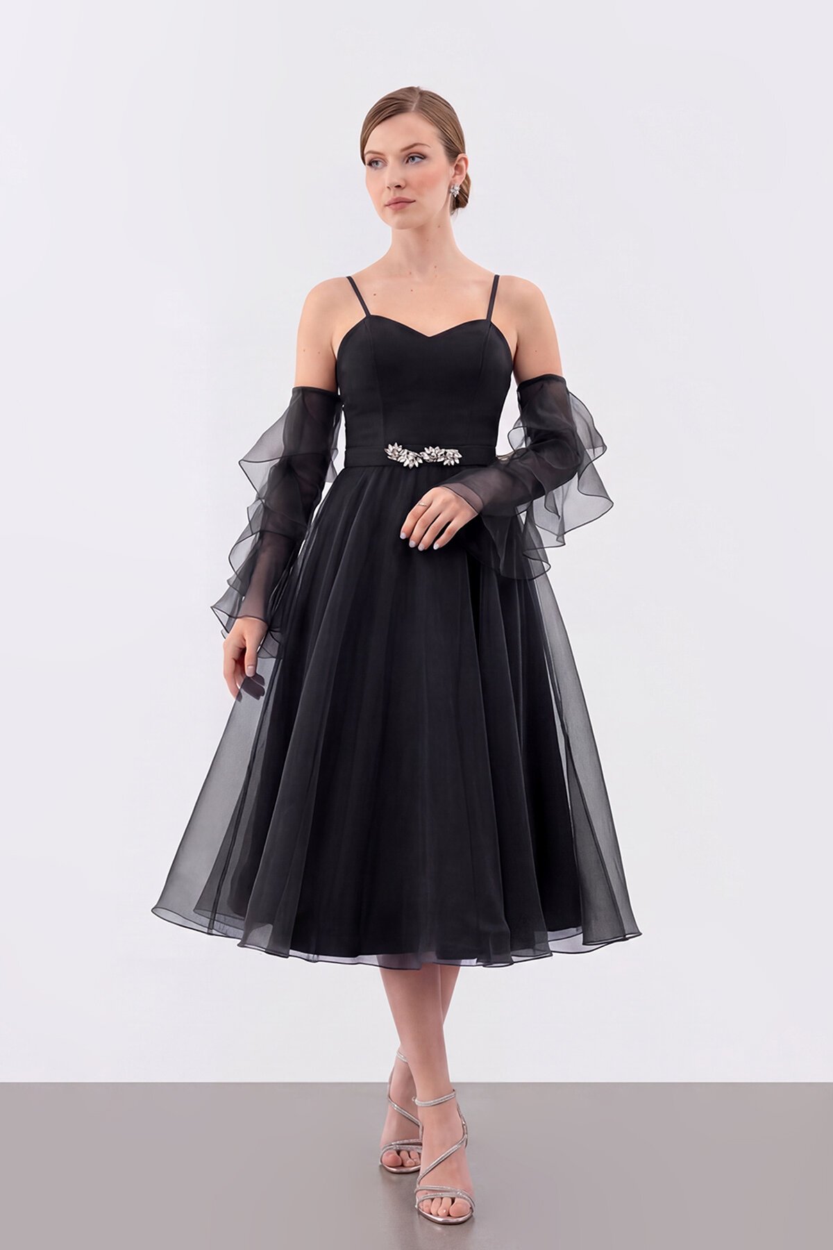 Volan Kollu İp Askılı Midi Elbise - 1993