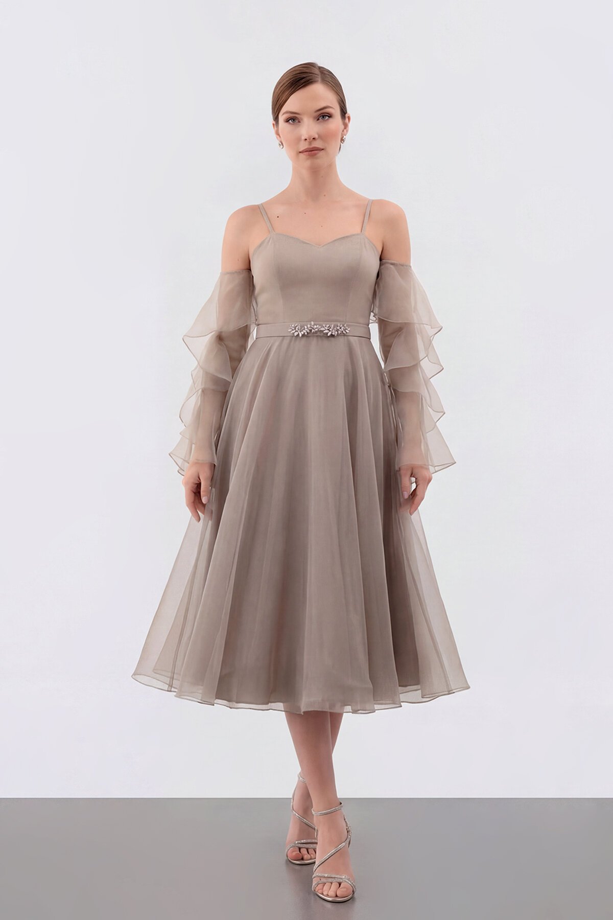 Volan Kollu İp Askılı Midi Elbise - 1993