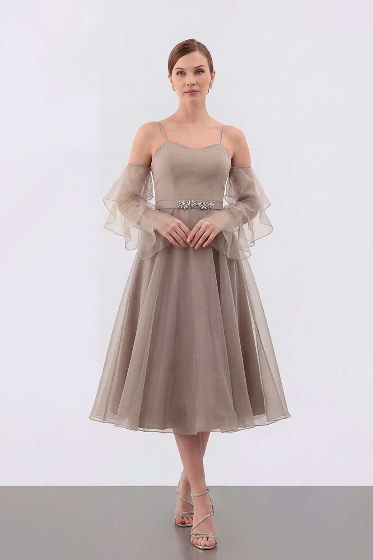 Volan Kollu İp Askılı Midi Elbise - 1993