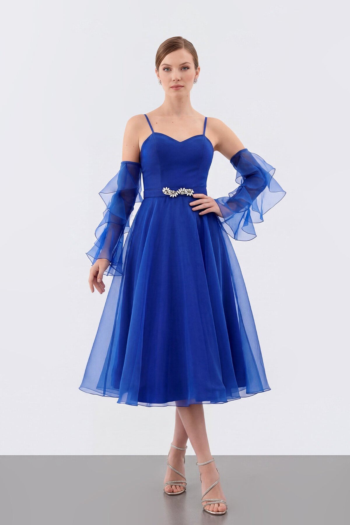 Volan Kollu İp Askılı Midi Elbise - 1993