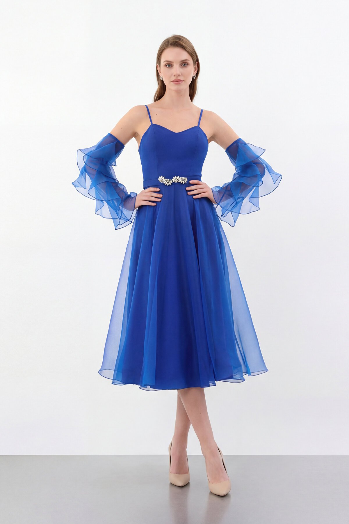 Volan Kollu İp Askılı Midi Elbise - 1993