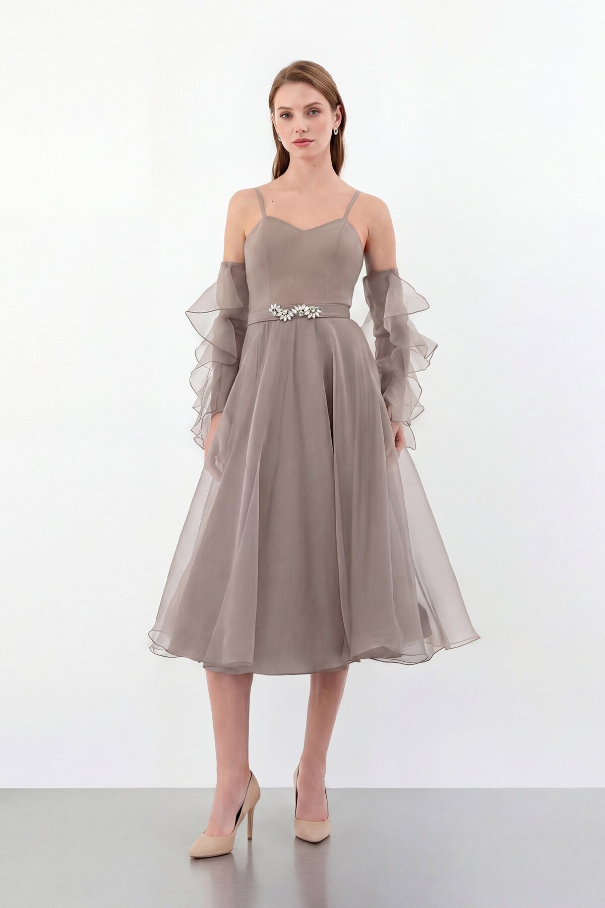 Volan Kollu İp Askılı Midi Elbise - 1993