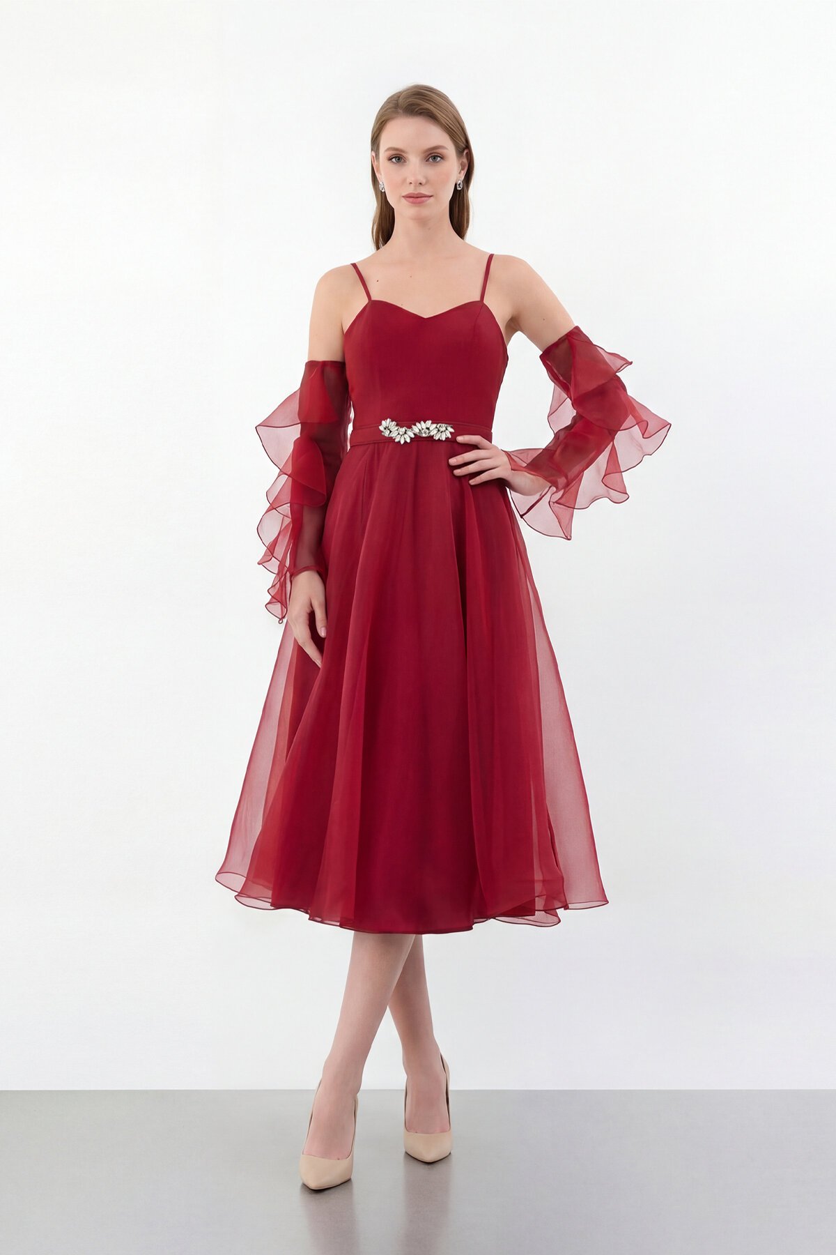 Volan Kollu İp Askılı Midi Elbise - 1993