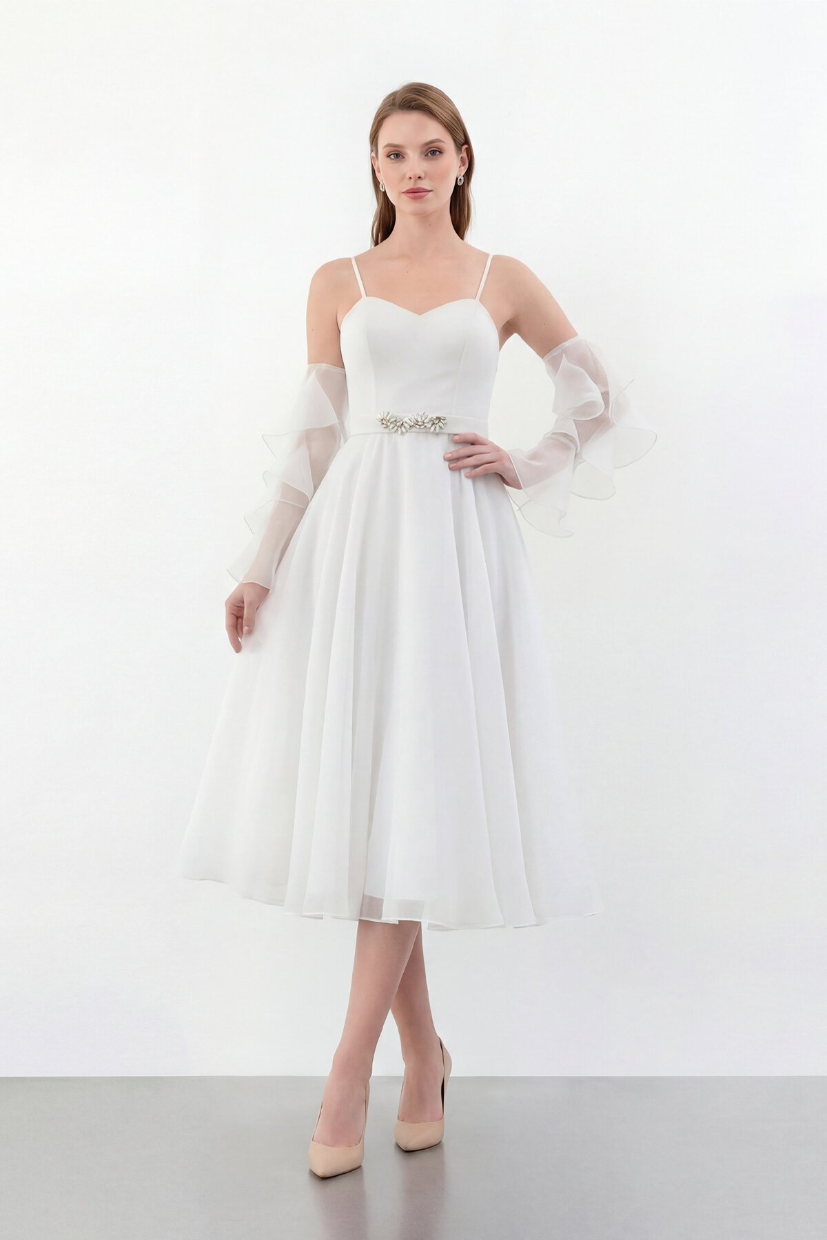 Volan Kollu İp Askılı Midi Elbise - 1993