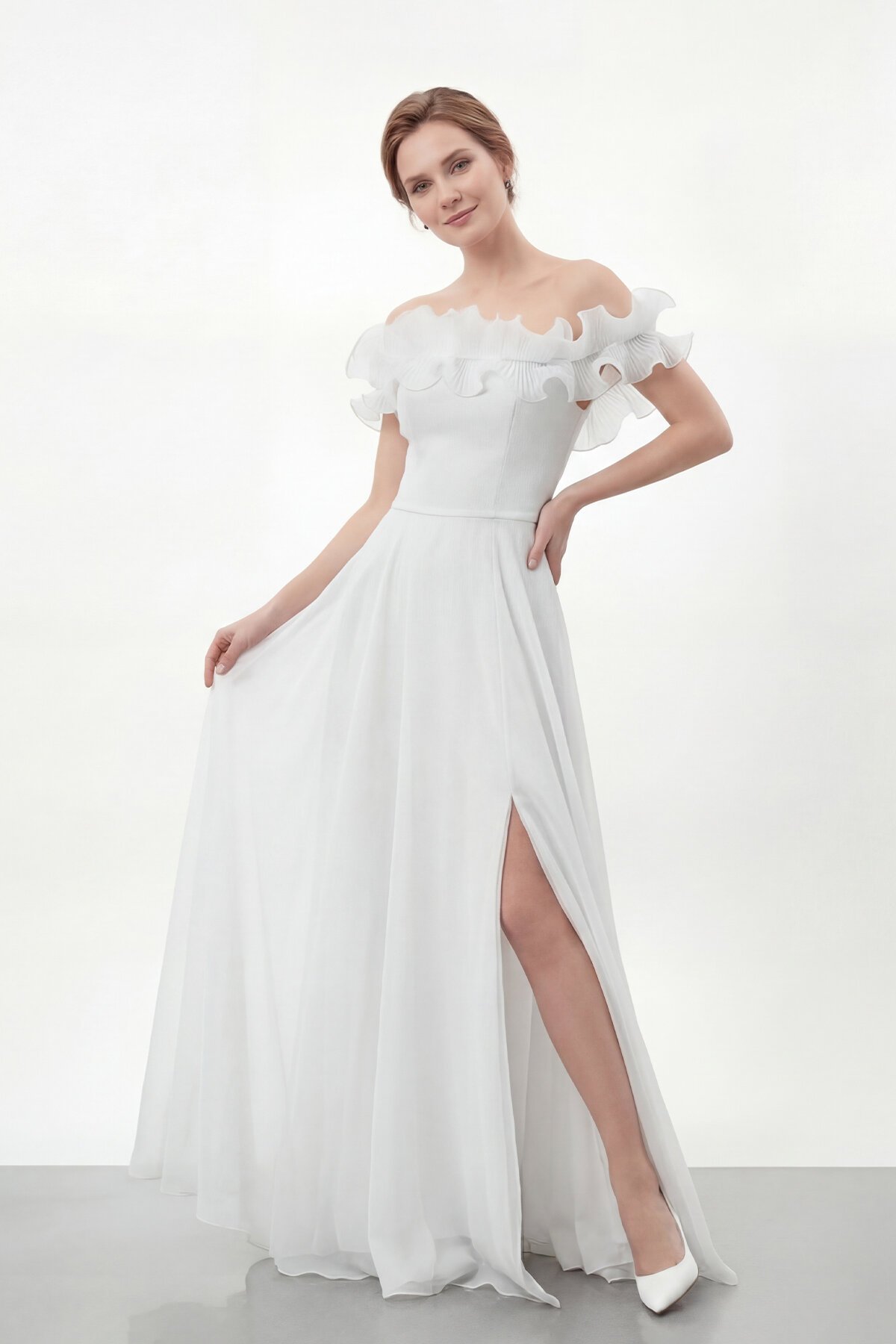 Volan Yakalı Yırtmaçlı Şifon Elbise - 2036