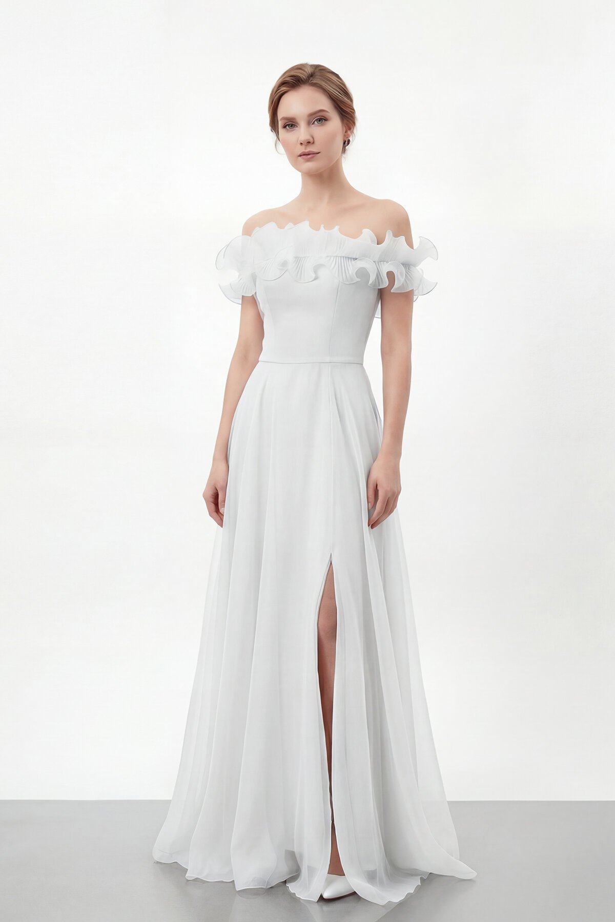 Volan Yakalı Yırtmaçlı Şifon Elbise - 2036