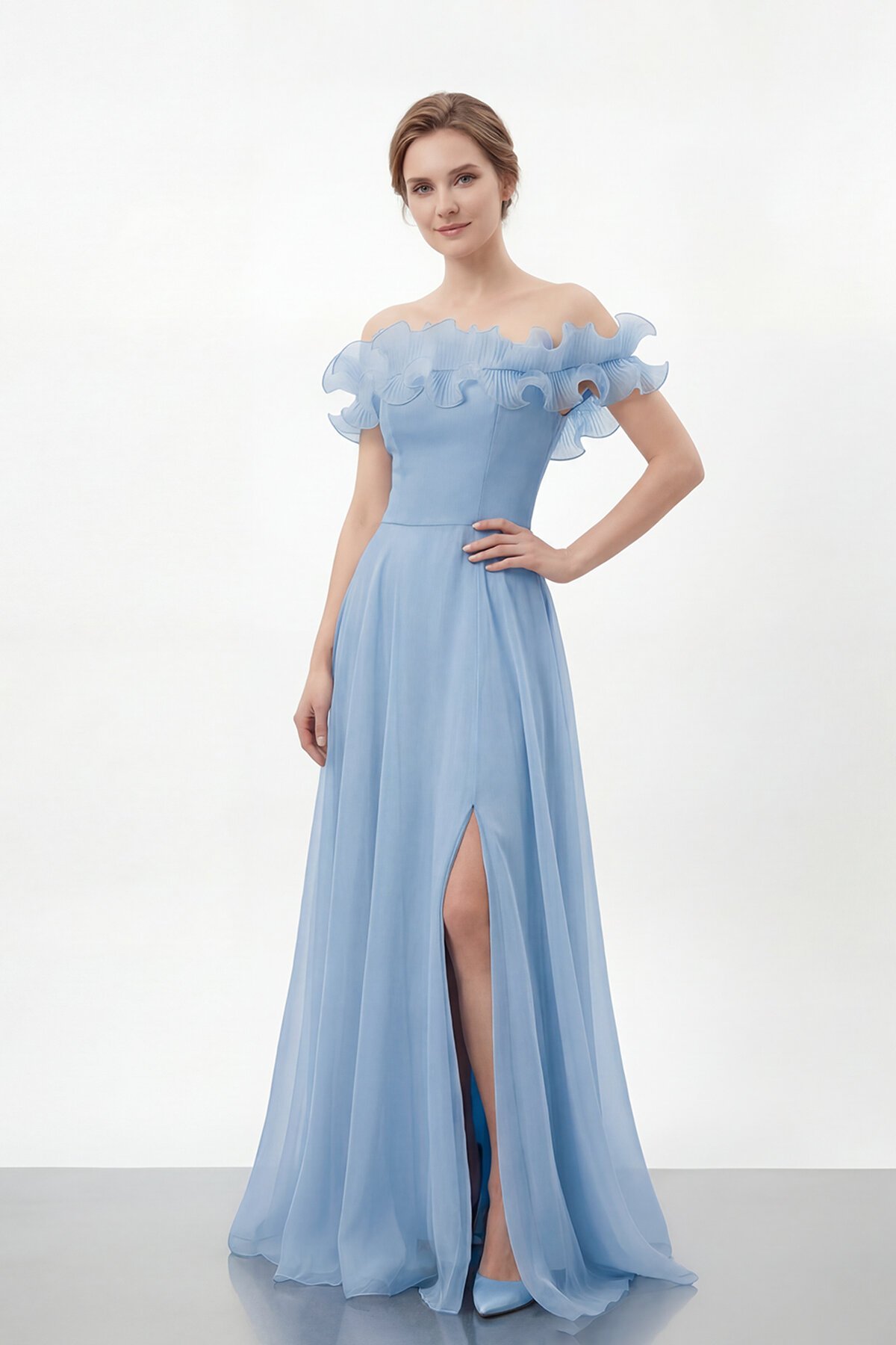 Volan Yakalı Yırtmaçlı Şifon Elbise - 2036