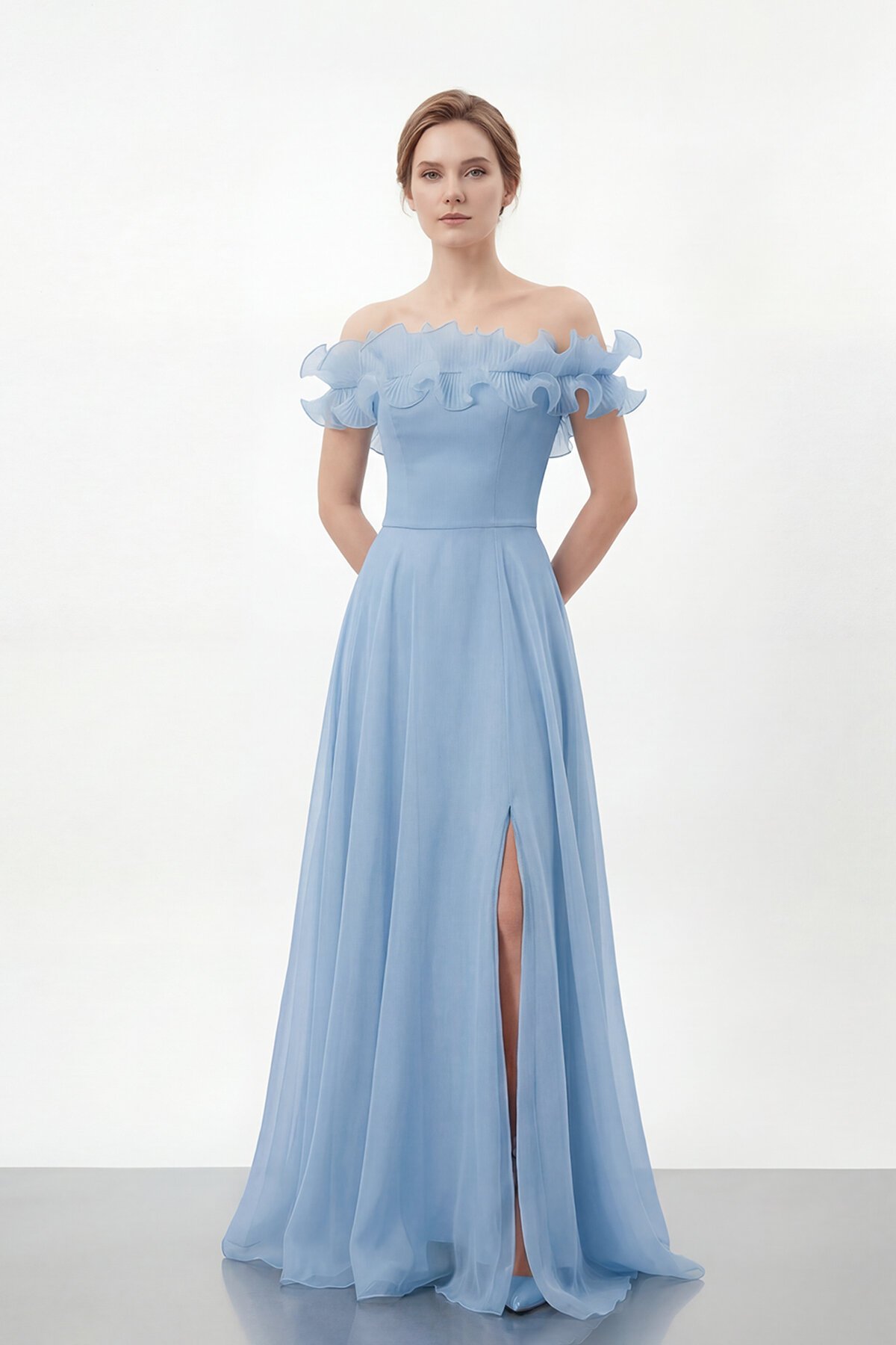 Volan Yakalı Yırtmaçlı Şifon Elbise - 2036