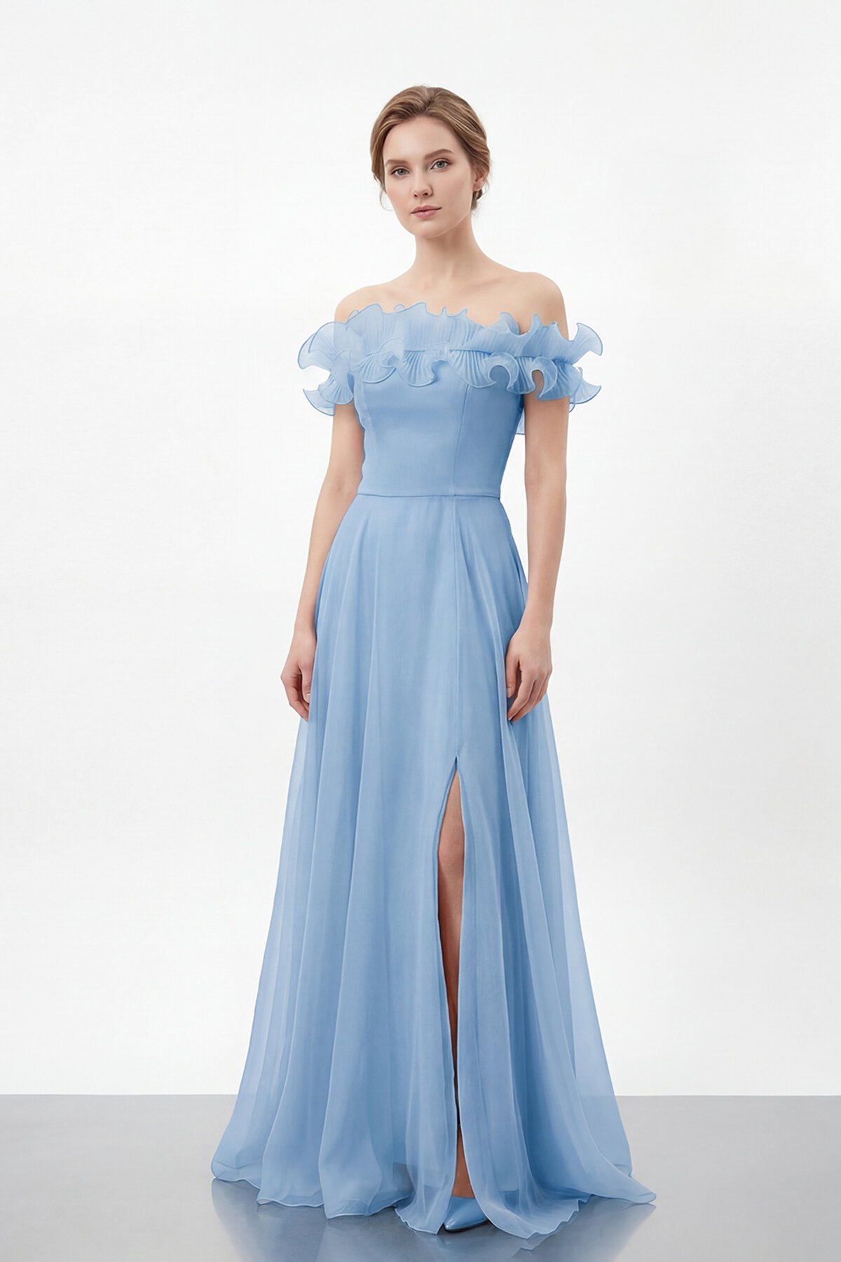 Volan Yakalı Yırtmaçlı Şifon Elbise - 2036