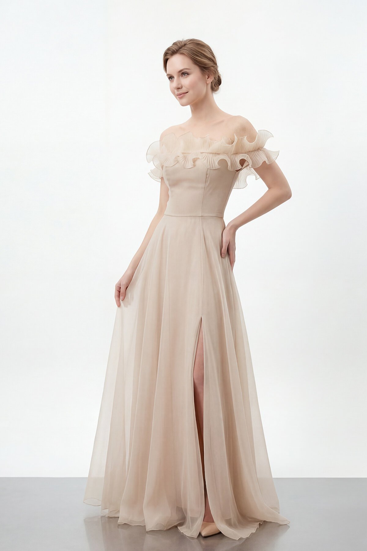 Volan Yakalı Yırtmaçlı Şifon Elbise - 2036