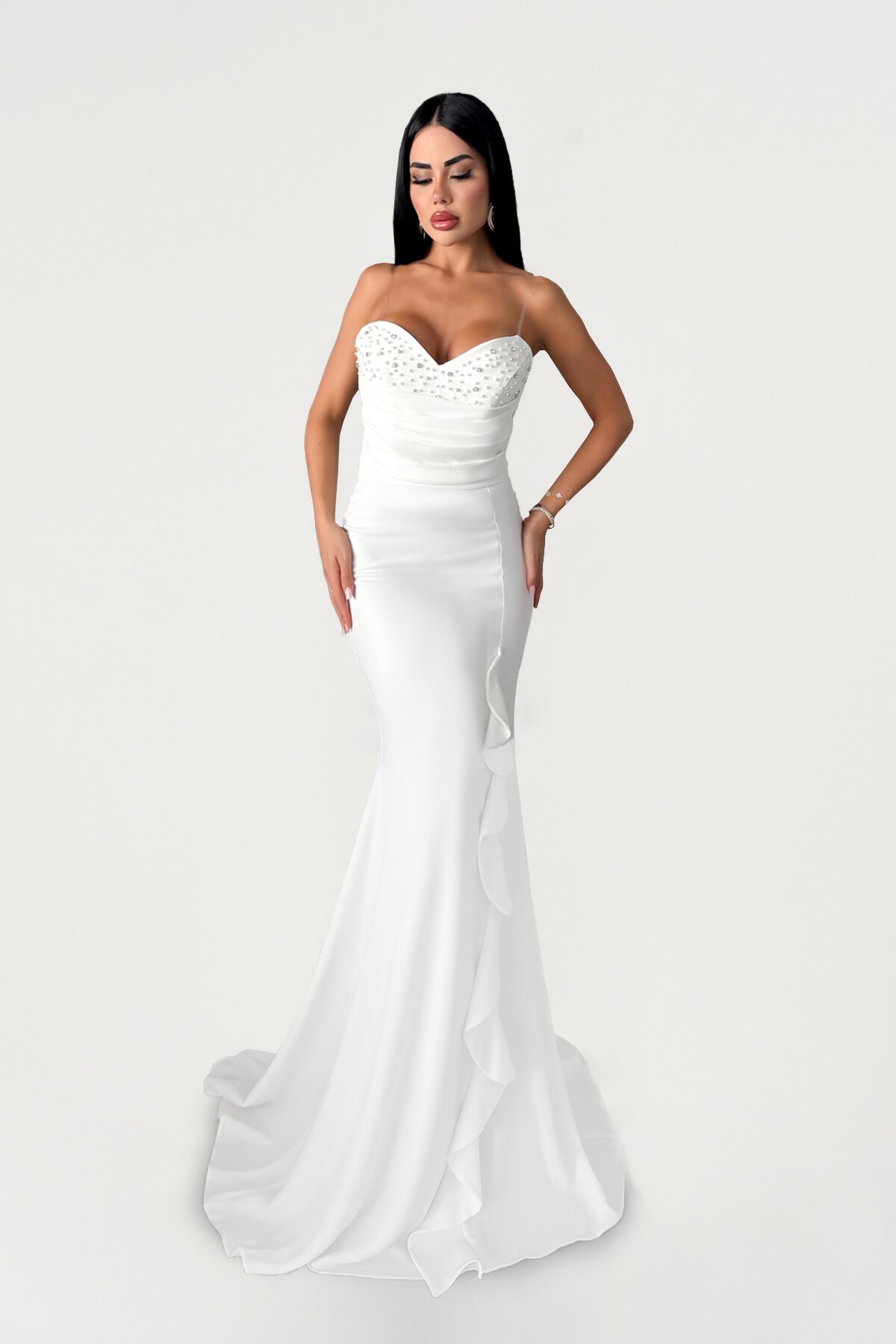 Volanlı İncili Straplez Elbise - 1561