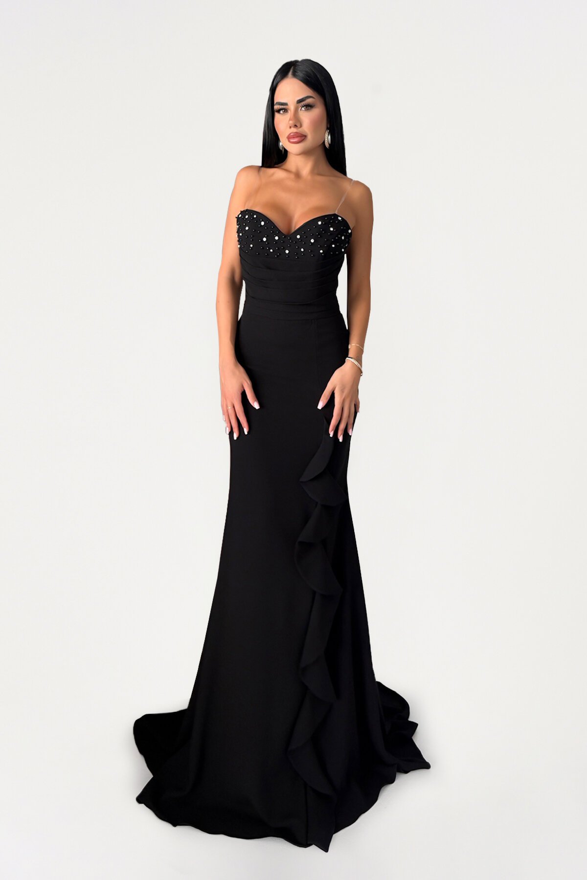 Volanlı İncili Straplez Elbise - 1561