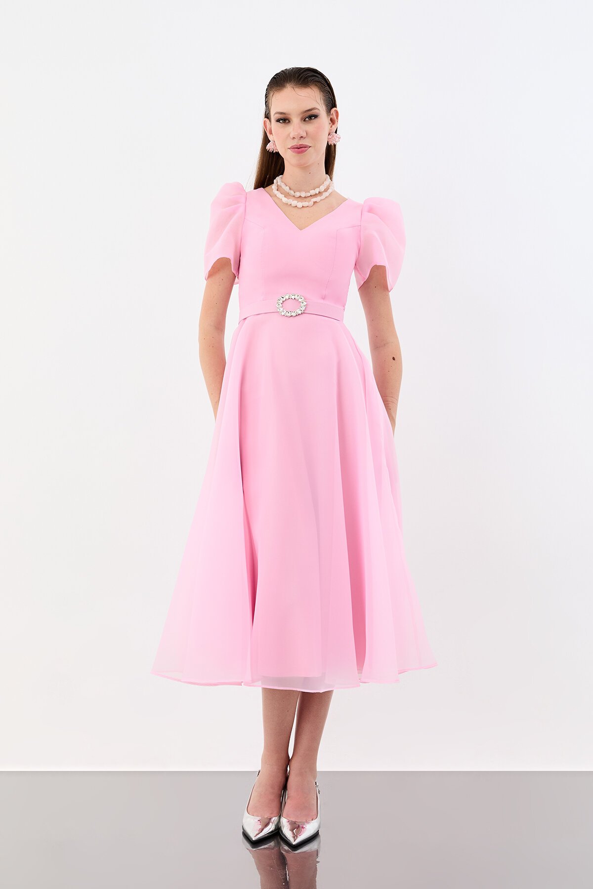 Volümlü Kol Detaylı Şifon Midi Elbise - 1958