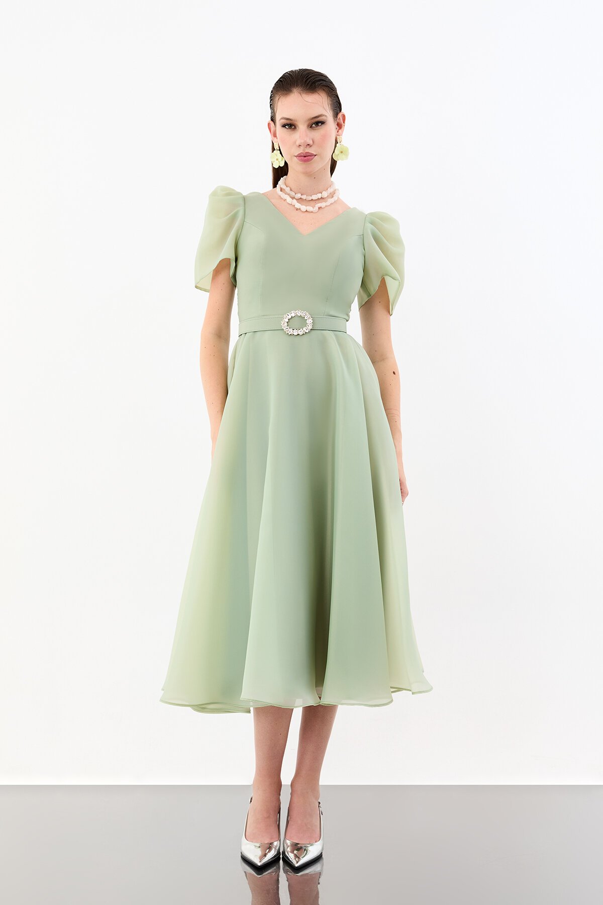 Volümlü Kol Detaylı Şifon Midi Elbise - 1958