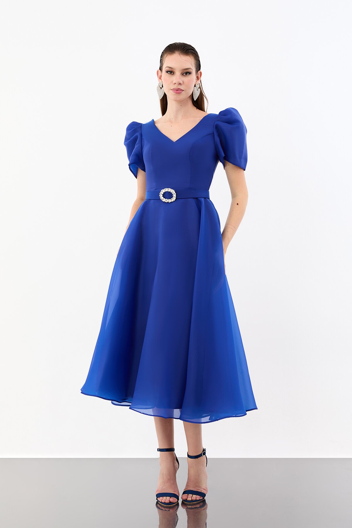 Volümlü Kol Detaylı Şifon Midi Elbise - 1958