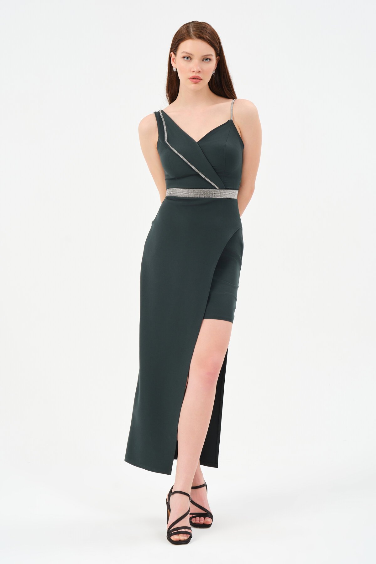 Yaka Detaylı Taşlı Asimetrik Elbise - 1252