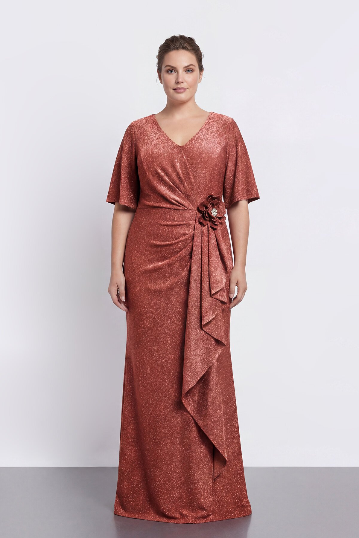 Yarım Kollu Drapeli Çiçek Detaylı Uzun Abiye - 2133