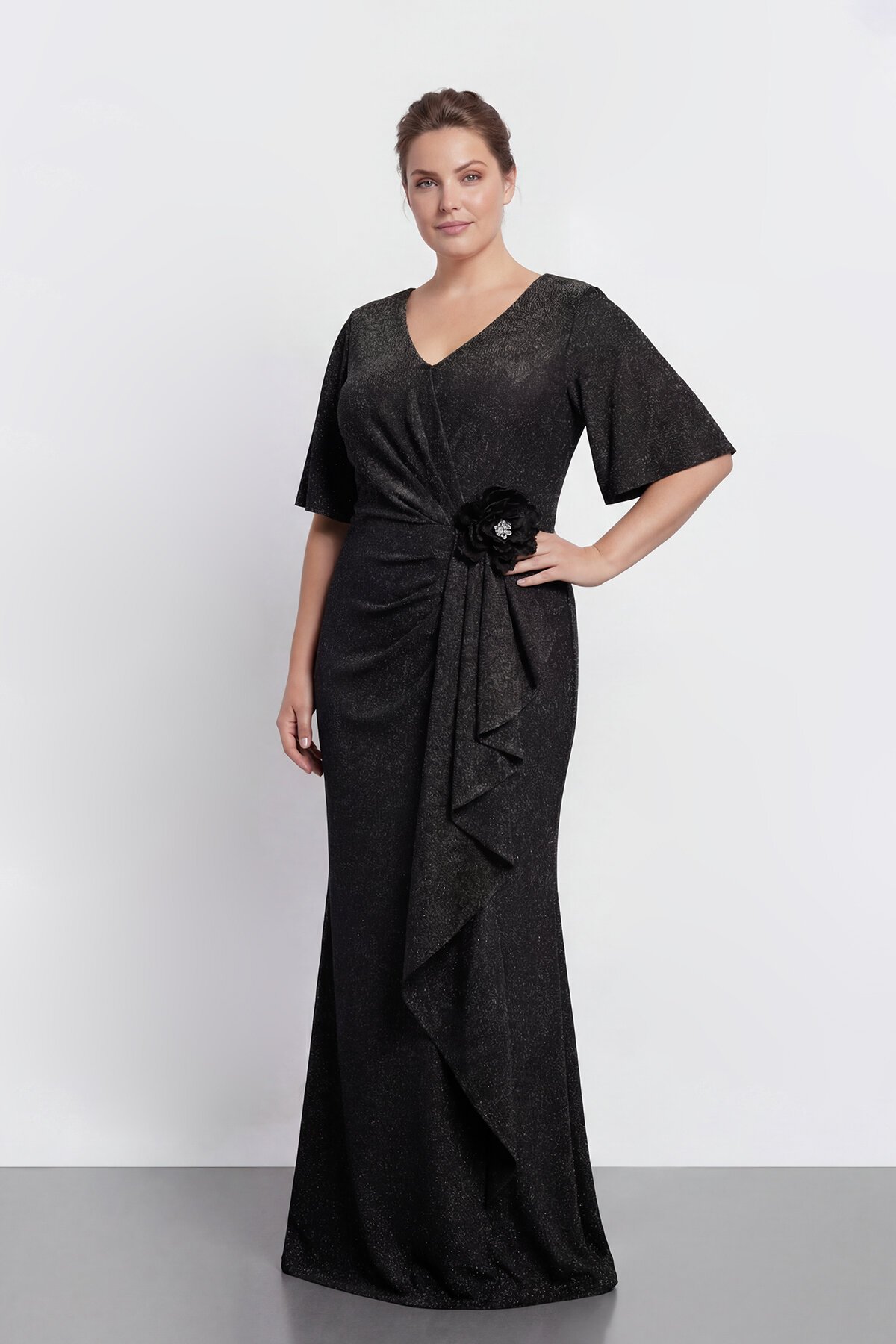 Yarım Kollu Drapeli Çiçek Detaylı Uzun Abiye - 2133