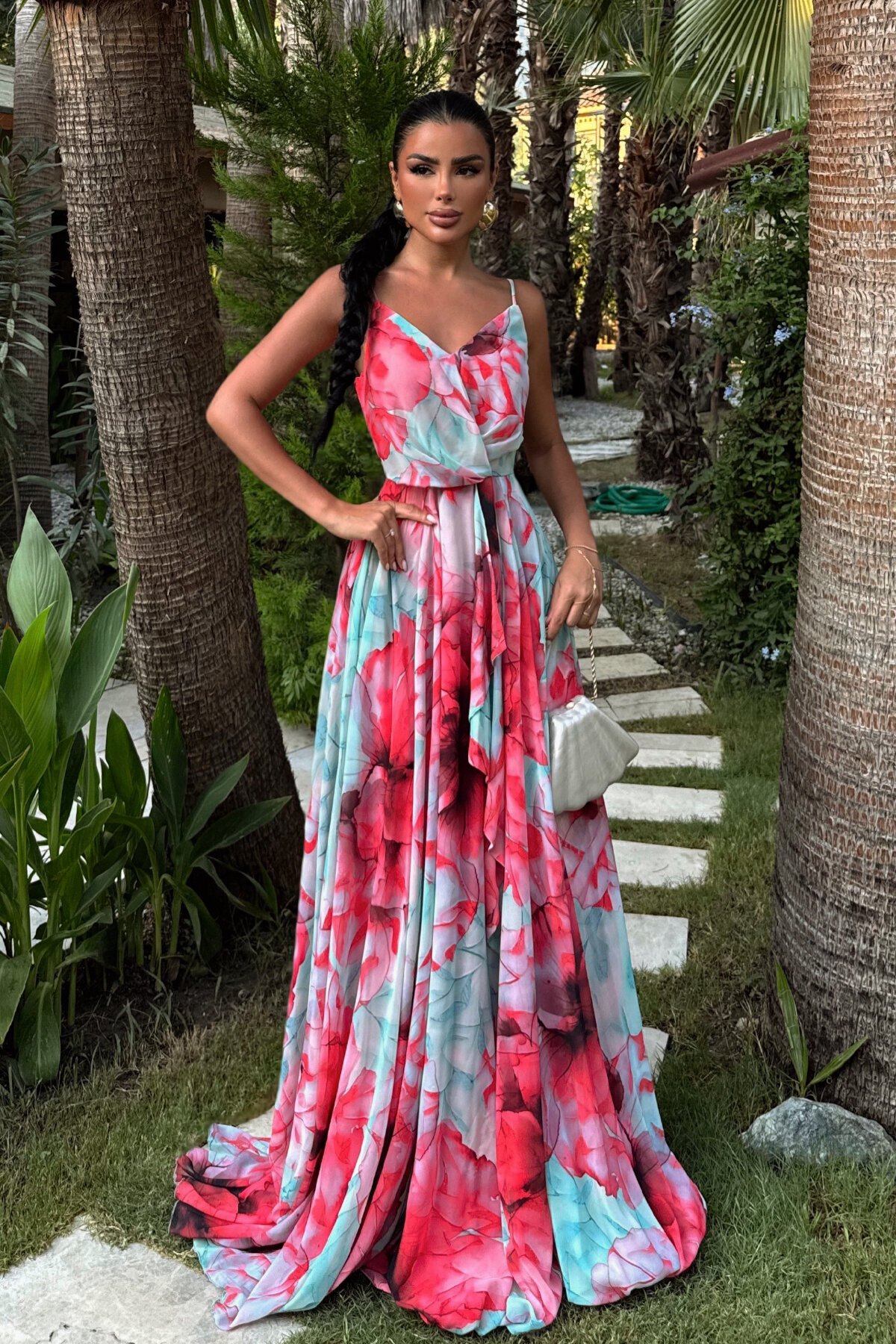 Yırtmaçlı İnce Askılı Desenli Elbise - 1833