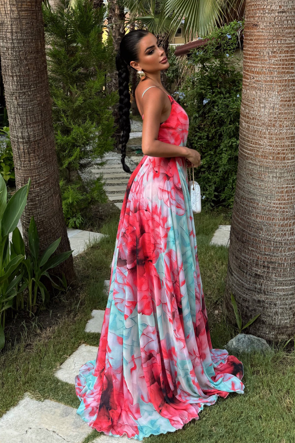 Yırtmaçlı İnce Askılı Desenli Elbise - 1833