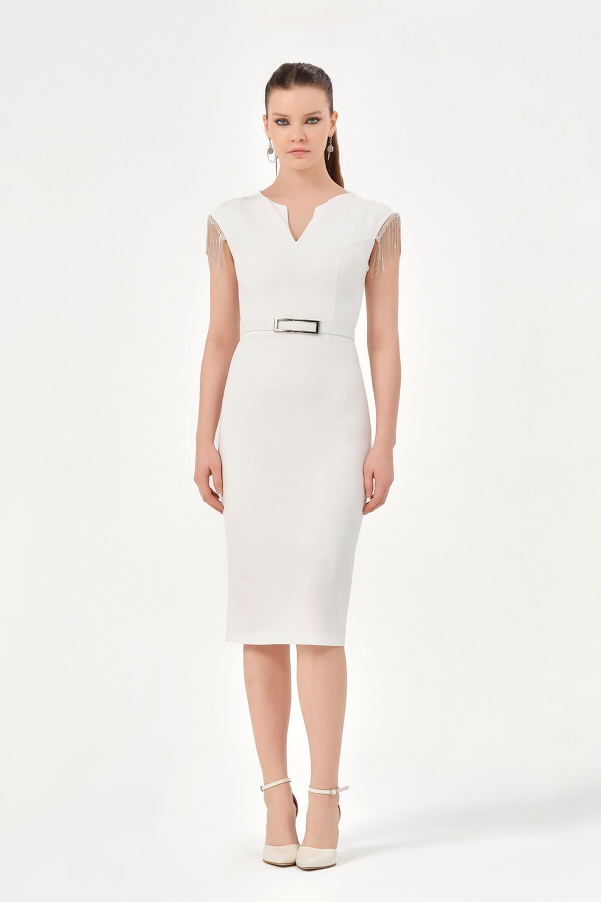 Zincir Detaylı Kemerli Midi Elbise - 1200