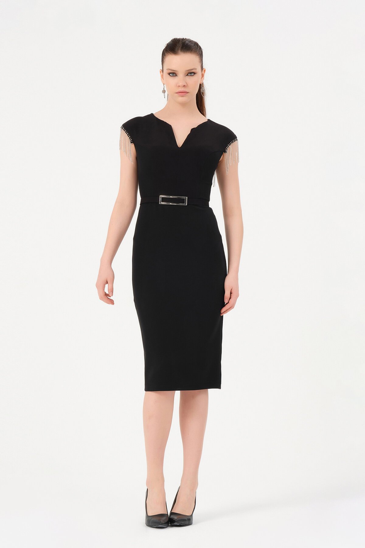 Zincir Detaylı Kemerli Midi Elbise - 1200