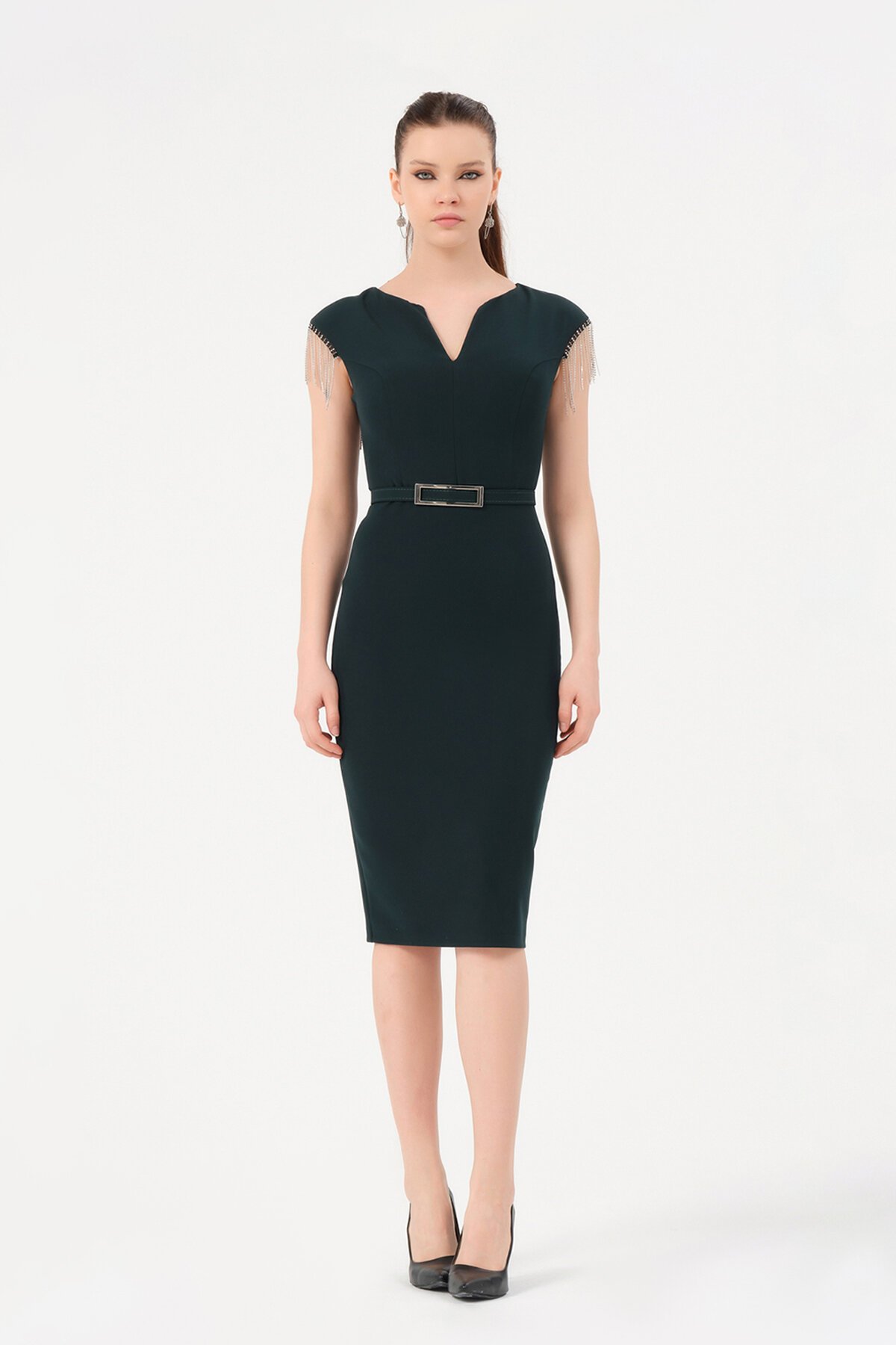 Zincir Detaylı Kemerli Midi Elbise - 1200