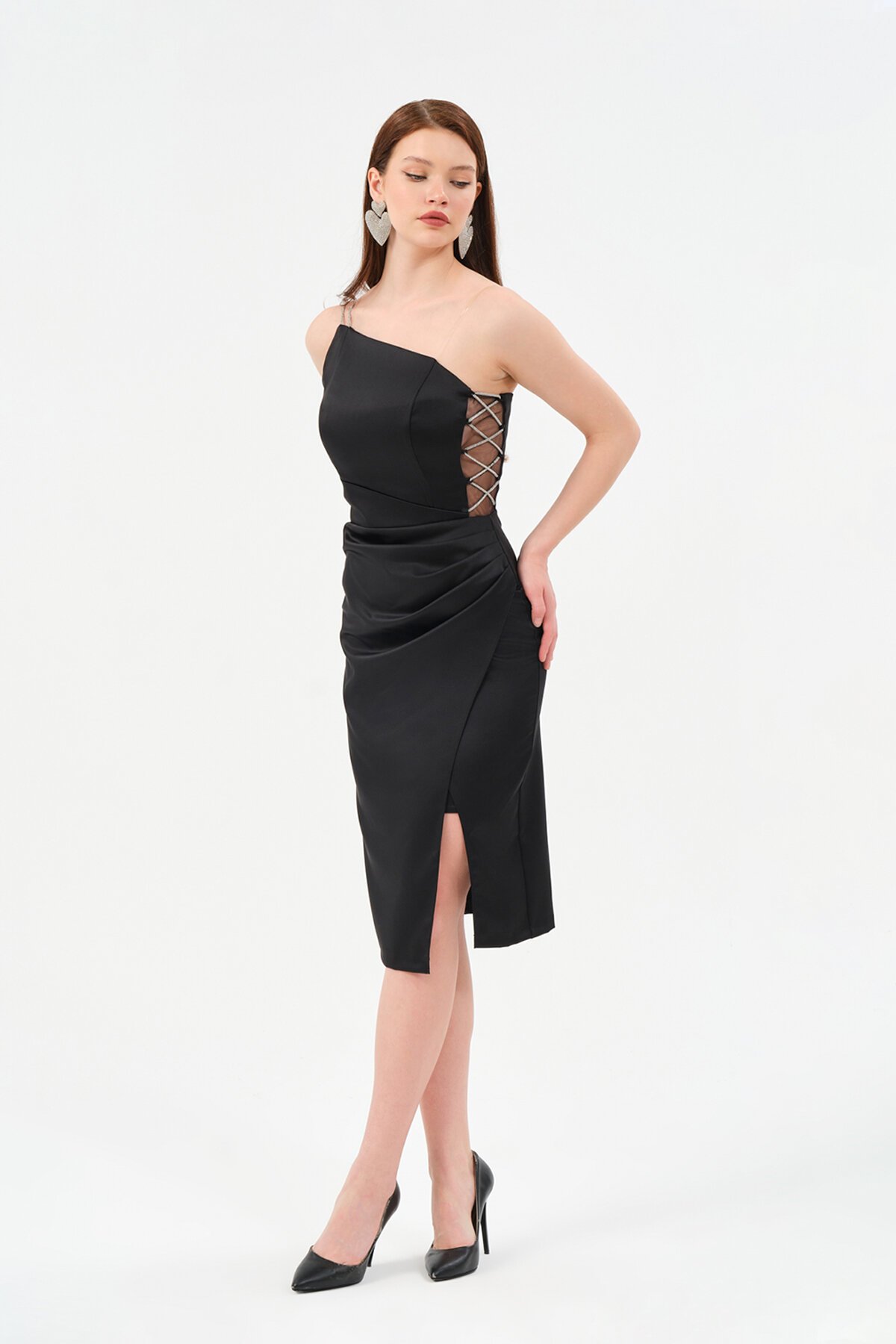 Zincir Detaylı Tek Omuzlu Midi Elbise - 1537