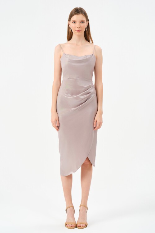 Askılı Drapeli Midi Elbise - 1580